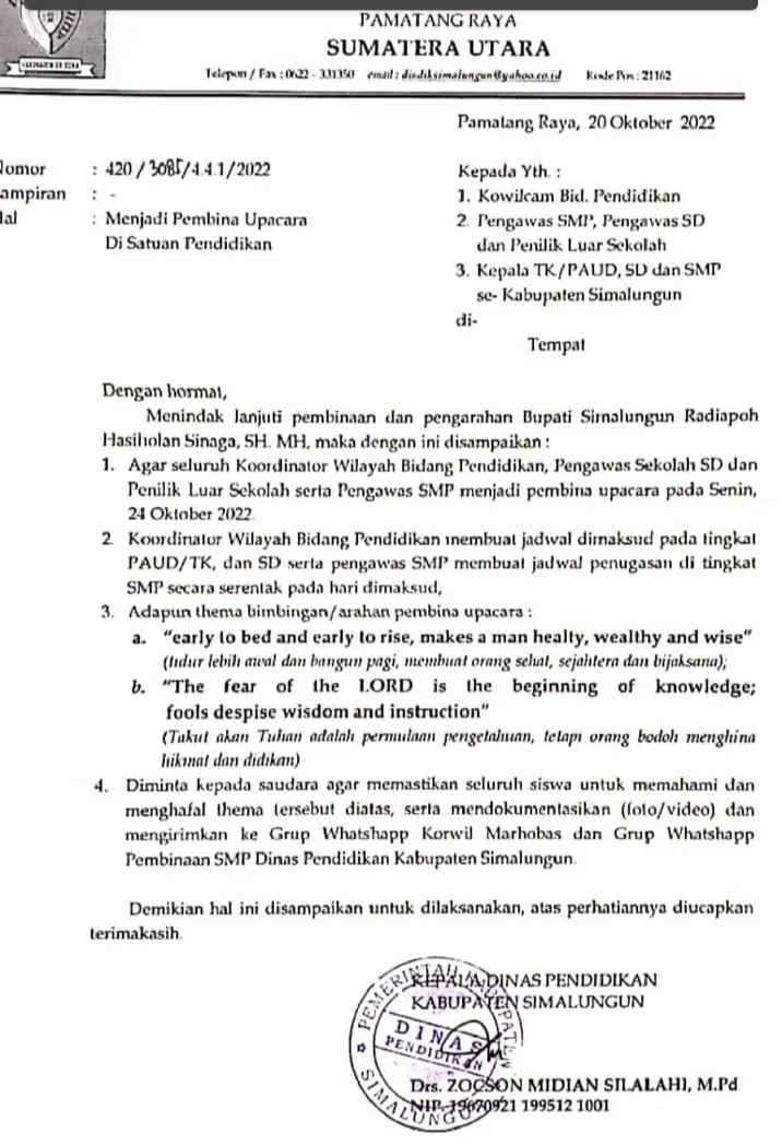Terbitkan Surat Perintah Berbau SARA, Kadis Pendidikan Simalungun Dicopot