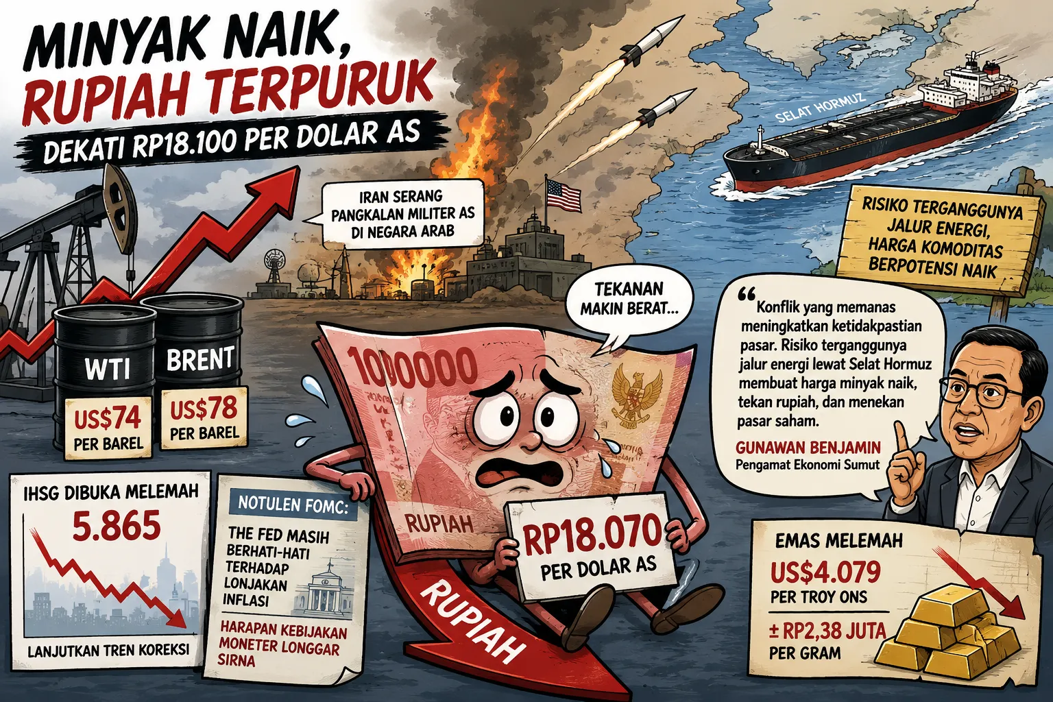 Minyak Dunia Naik Imbas Serangan Iran, Rupiah Terpuruk Dekati Rp18.100