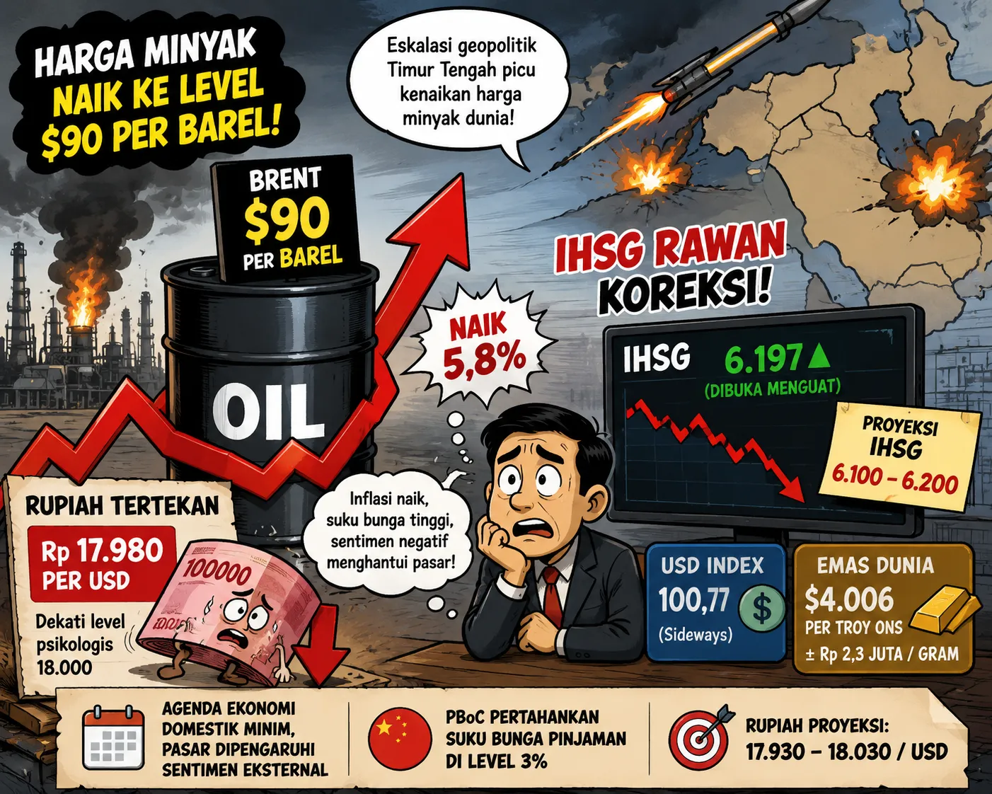 Harga Minyak Tembus US$90 Per Barel, IHSG Dan Rupiah Rawan Tertekan