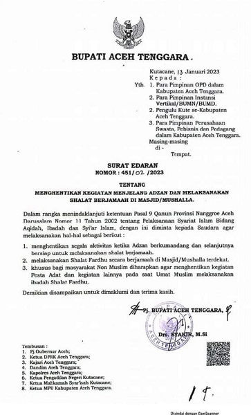 Pj Bupati Agara: Hentikan Kegiatan Menjelang Adzan