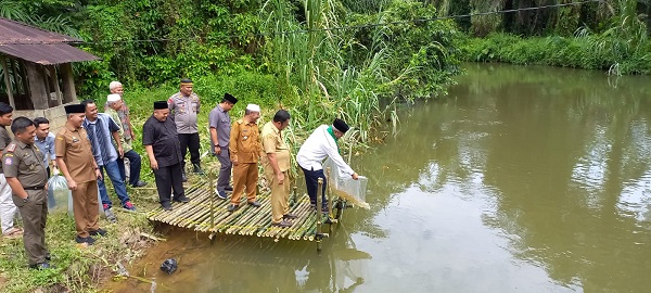 Plt. Bupati Padanglawas tabur benih ikan di lubuk larangan Sungai Batangtaris kawasan Desa Hutaibus, KKecamatan Lubukbarumun, Kabupaten Padanglawas.(Waspada/H. Idaham Butar Butar/B)