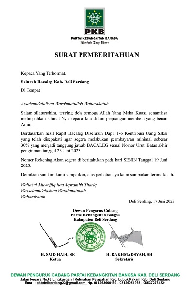 SURAT dengan logo Partai Kebangkitan Bangsa (PKB) yang ditandatangani Ketua DPC PKB Deli Serdang, H Said Hadi SE dan Sekretaris H Rakhmadsyah SH soal permintaan uang kontribusi kepada seluruh Bakal Calon Legislatif (Bacaleg) DPC PKB Deli Serdang. Waspada/ist