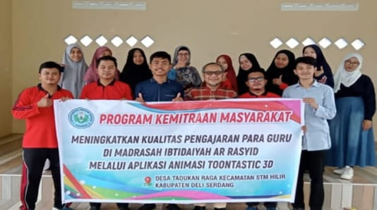 tim Program Kemitraan Masyarakat (PKM) Dosen Unimed bersama dengan Madrasah Ibtida-iyah Swasta (MIS) ArRasyid di Desa Tadukan Raja, Kecamatan STM Hilir, Deliserdang. Waspada/Ist