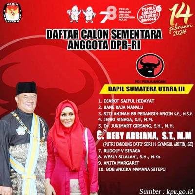 BEBY Arbiana, putri kandung Gubernur Sumut ke-15, Dato’ Seri H. Syamsul Arifin, SE terdaftar menjadi calon anggota legislatif (Caleg) DPR RI Partai Demokrasi Indonesia Perjuangan (PDIP) dari daerah pemilihan (Dapil) Sumatera Utara (Sumut) 3 untuk Pemilu 14 Februari 2024 mendatang. Waspada/Ist