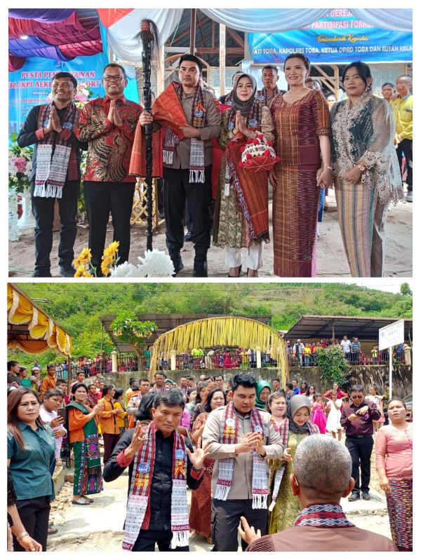 Kapolres Toba, AKBP Taufiq Hidayat Thayep, SIK dengan memegang Tungkot Tunggal Panaluan foto bersama dengan Bupati dan Wakil Bupati Toba, bersama para istri dan seluruh pengurus gereja pada acara pesta pembangunan GKPI Aek Bolon, Minggu (8/10). Waspada/Ist