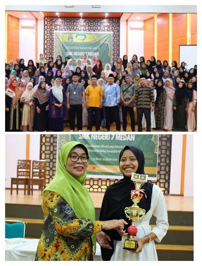 SEMANGAT siswa bersama guru dan panitia kegiatan saat Pesantren Ramadhan dan Kepala SMKN 7 Evi Herawati Lubis, S.Pd, M.Si bersama juara tilawah puteri Festival Seni Islami SMA/SMK Se Kota Medan 2024. Waspada/ist