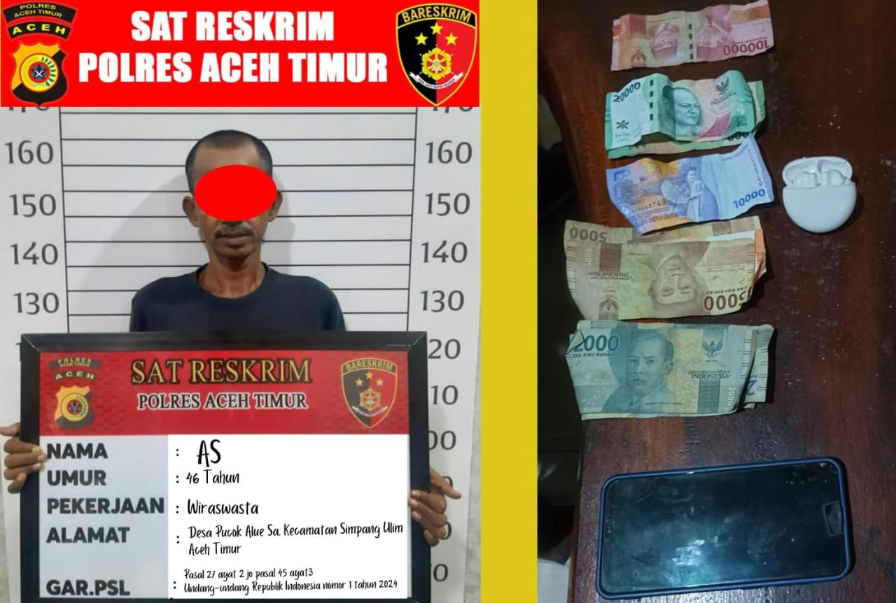 Tersangka AS bersama barang bukti diamankan polisi di Polres Aceh Timur, Sabtu (27/4) malam. Waspada/Ist.