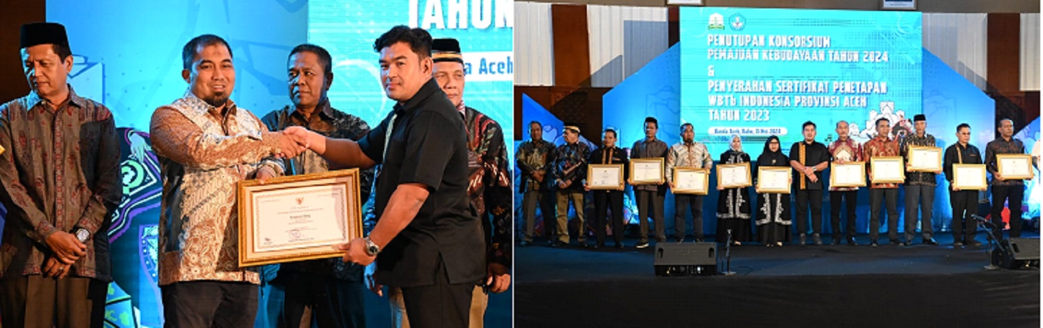 Pj Bupati Aceh Besar, Muhammad Iswanto menerima Piagam Penghargaan Sertifikat Warisan Budaya Takbenda (WBTb) dari Kadis Pariwisata Aceh, Almuniza Kamal dan foto di Hotel Hermes Palace, Banda Aceh, Rabu (15/5). malam. (Waspada/Ist)