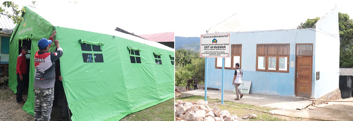 Anggota Tagana sedang mendirikan tenda darurat dan kondisi gedung SDIT Ar-Rabwah yang ambruk akibat angin kencang ,di kompleks Pesantren Ar-Rabwah Gampong Krueng Lamkareung, Kecamatan Indrapuri, Aceh Besar, Kamis (23/5). (Waspada/Ist)