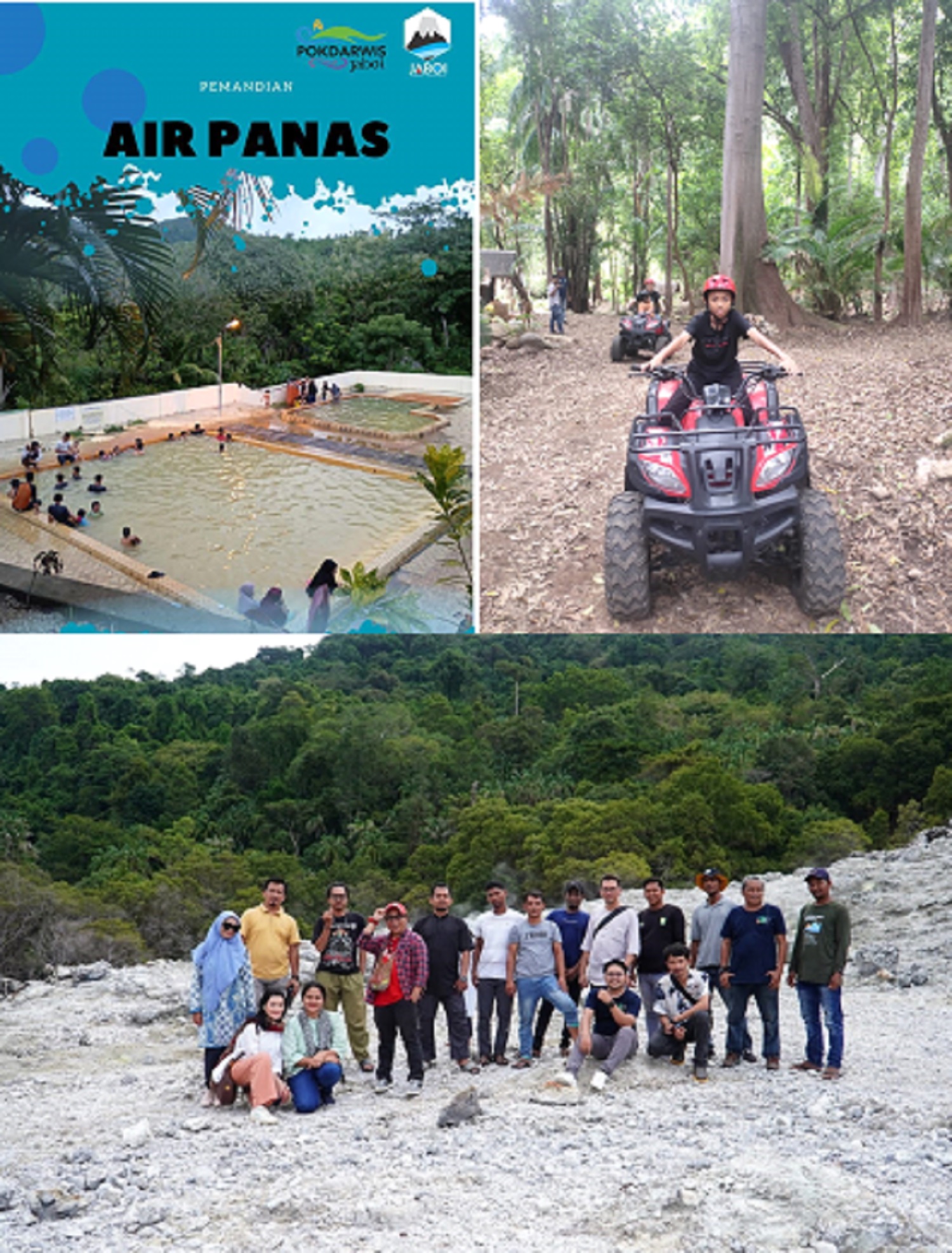 Tampak dalam gambar kolam air panas di Desa Wisata Jaboi, permainan ATV dan sejumlah pelancong mengunjungi gunung berapi Jaboi. (Waspada/ist)