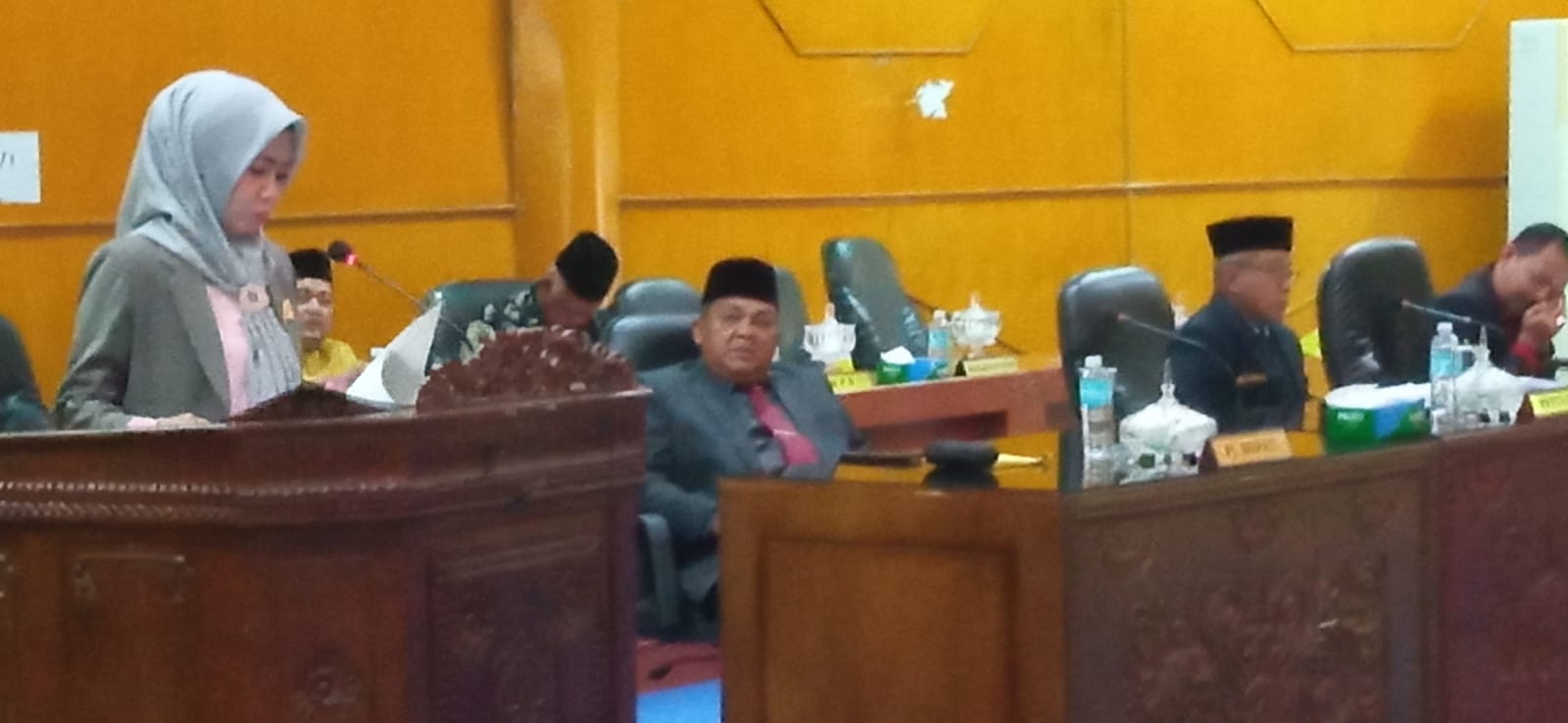 JURU bicara Fraksi Amanat Persatuan dan Keadilan, Desi Amelia ketika menyampaikan pendangan pendapat mum anggota dewan dan fraksi tersebut pada sidang Paripurna di Ruang Sidang Utama DPRK Aceh Tamiang, Senin (3/6/2024) sore. Waspada/ Muhammad Hanafiah.