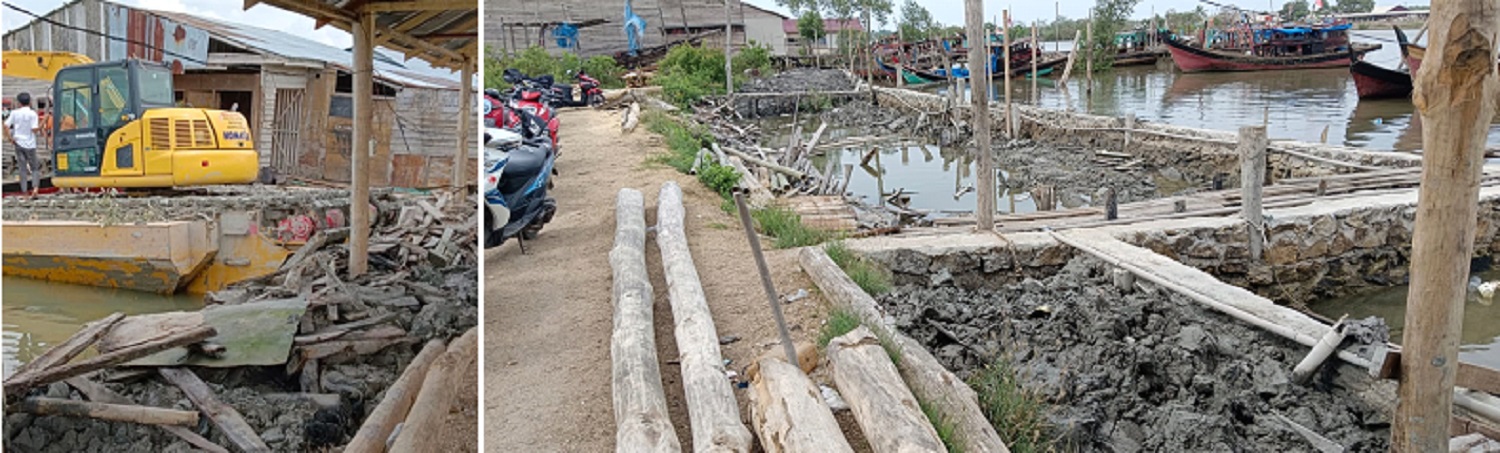 ALAT Berat bantuan Dinas PU PR Pemkab Batubara untuk pembuatan tembok penahan air pasang di sisi sungai tangkahan nelayan Dusun X Desa Suka Jaya, Kecamatan Tanjungtiram, Batubara.Waspada/Ist