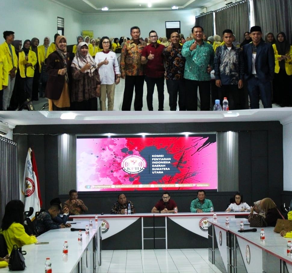 KOMISI Penyiaran Indonesia (KPID) Sumut menerima kunjungan dosen dan mahasiswa Pendidikan Bahasa dan Sastra Indonesia (PBSI) Universitas Asahan (UNA), Kamis (11/7). Waspada/ist