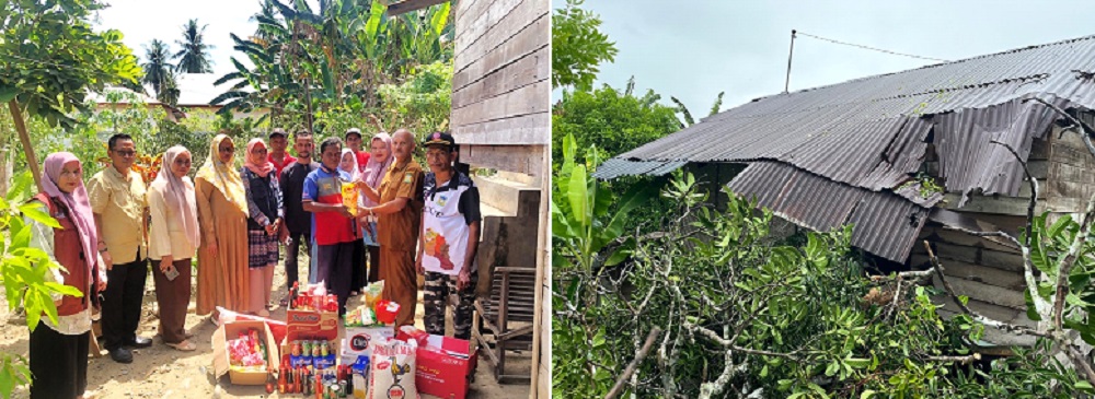 Kabid Perlindungan Jaminan Sosial Dinsos Aceh Besar Munawar menyerahkan bantuan bantuan masa panik kepada Bukhari yang rumahnya tertimpa pohon di Gampong Lampisang Dayah, Kecamatan Seulimum, Aceh Besar, Senin (8/7). (Waspada/Ist)