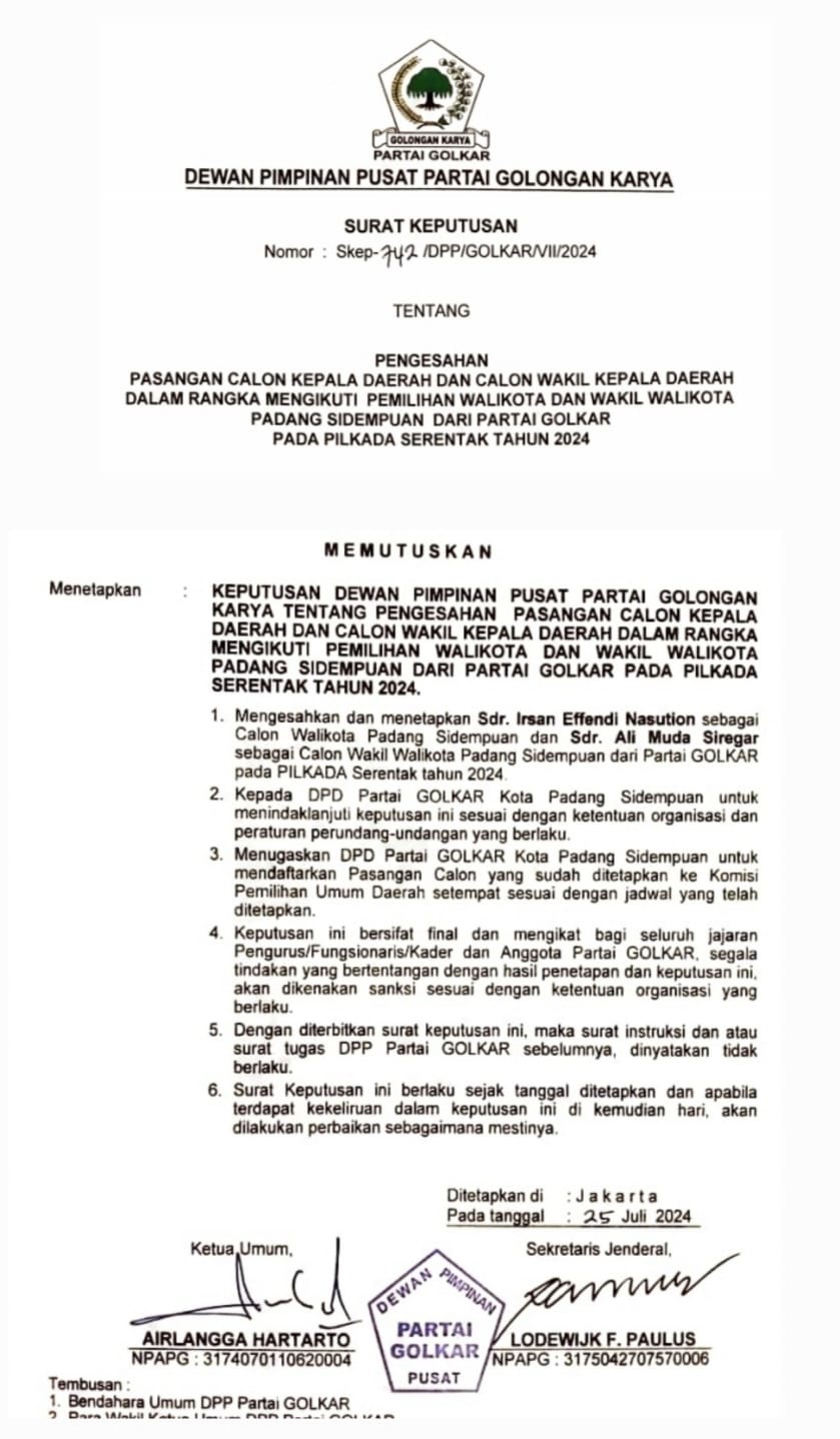 DPP Partai Golkar mengesahkan Irsan Efendi Nasution dan Ali Muda Siregar pasangan calon Wali Kota dan Wakil Wali Kota yang diusung di Pilkada Padangsidimpuan 2024. (Waspada/Ist)