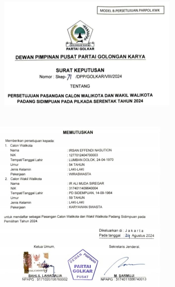 SK sekaligus formulir model B Persetujuan Parpol KWK Partai Golkar untuk Irsan dan Ali mencalon Wali Kota dan Wakil Wali Kota Padangsidimpuan. (Waspada/Ist)