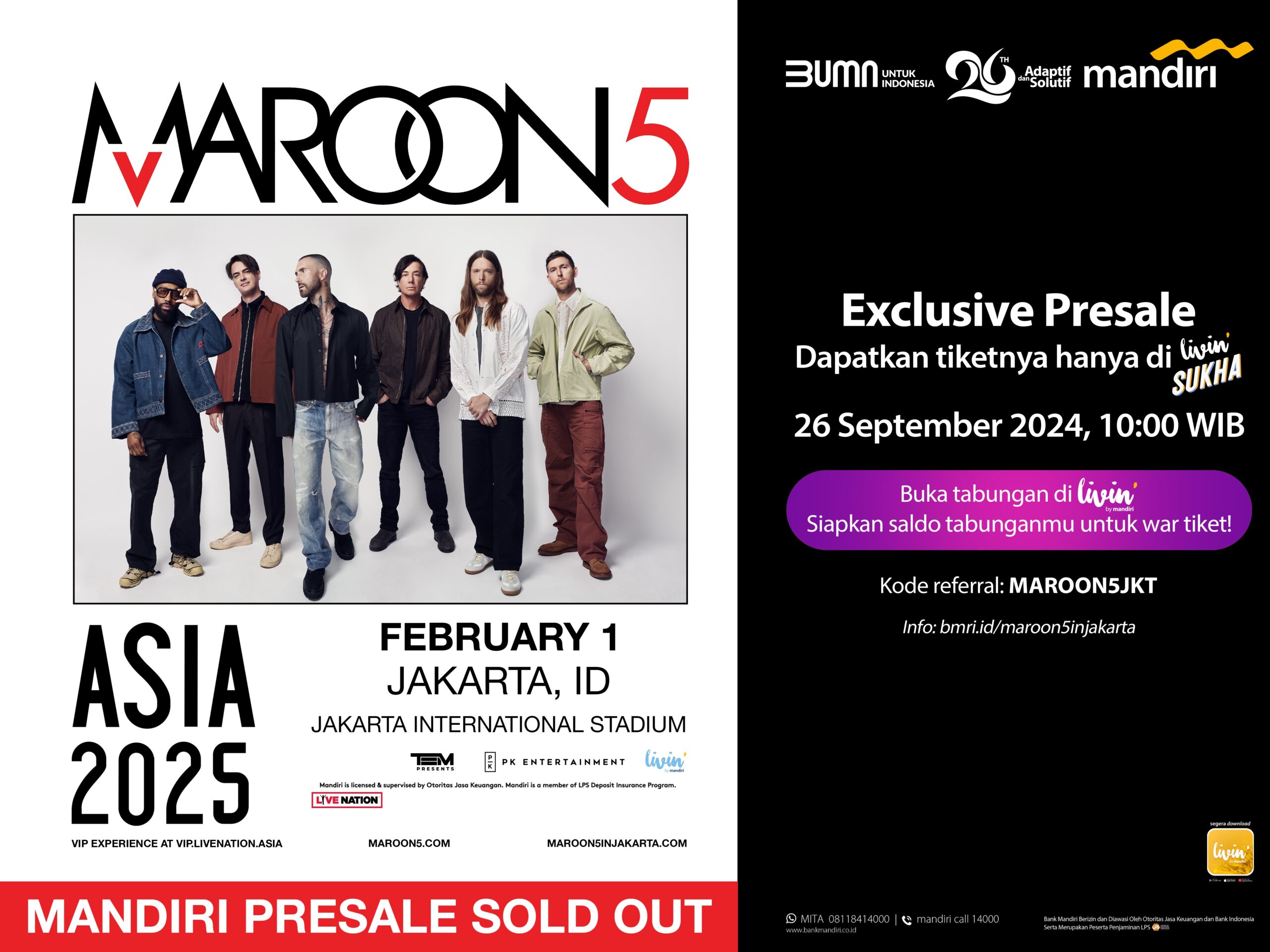 Sugar, Yes Please ! 32.055 Tiket Maroon 5 Live in Jakarta Ludes Terjual di Livin' by Mandiri