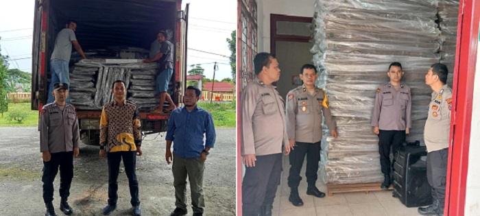 Personel Polres Simalungun bersama komisioner KPU Saat mengawasi penurunan logistik Pilkada 2024 di gudang KPU Simalungun, Kamis (26/9).(Waspada/ist).