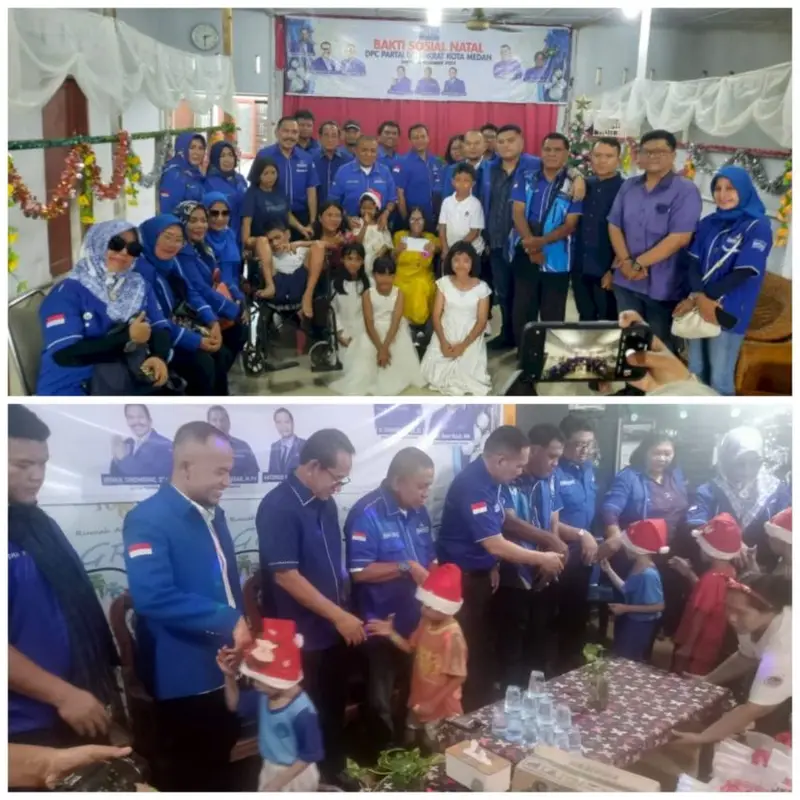 Anak-anak Panti Asuhan berfoto bersama pengurus DPC Partai Demokrat Medan di sela acara bakti sosial Natal, Sabtu (28/12), di Panti Asuhan Gratia Children Perumnas Simalingkar dan Yayasan Panti Asuhan Grace Bethesda Perumnas Helvetia. Waspada/ist