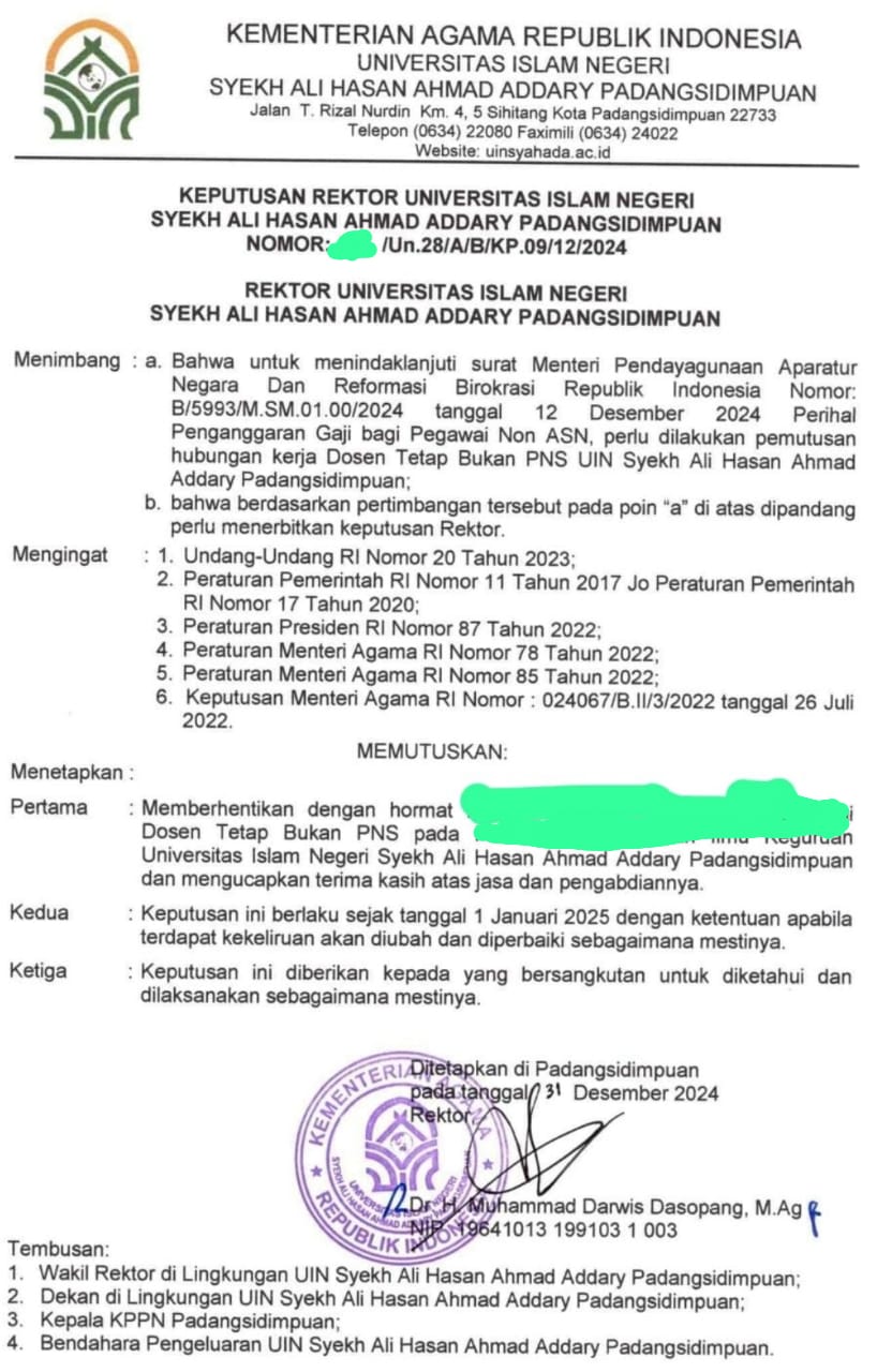 Rektor UIN Syahada Padangsidimpuan Pecat 40 Dosen