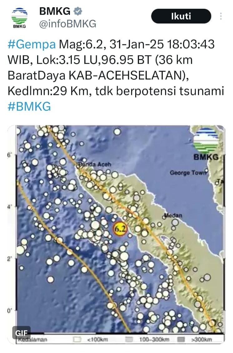 Aceh Diguncang Gempa 6.2 SR Dan Tidak Berpotensi Tsunami