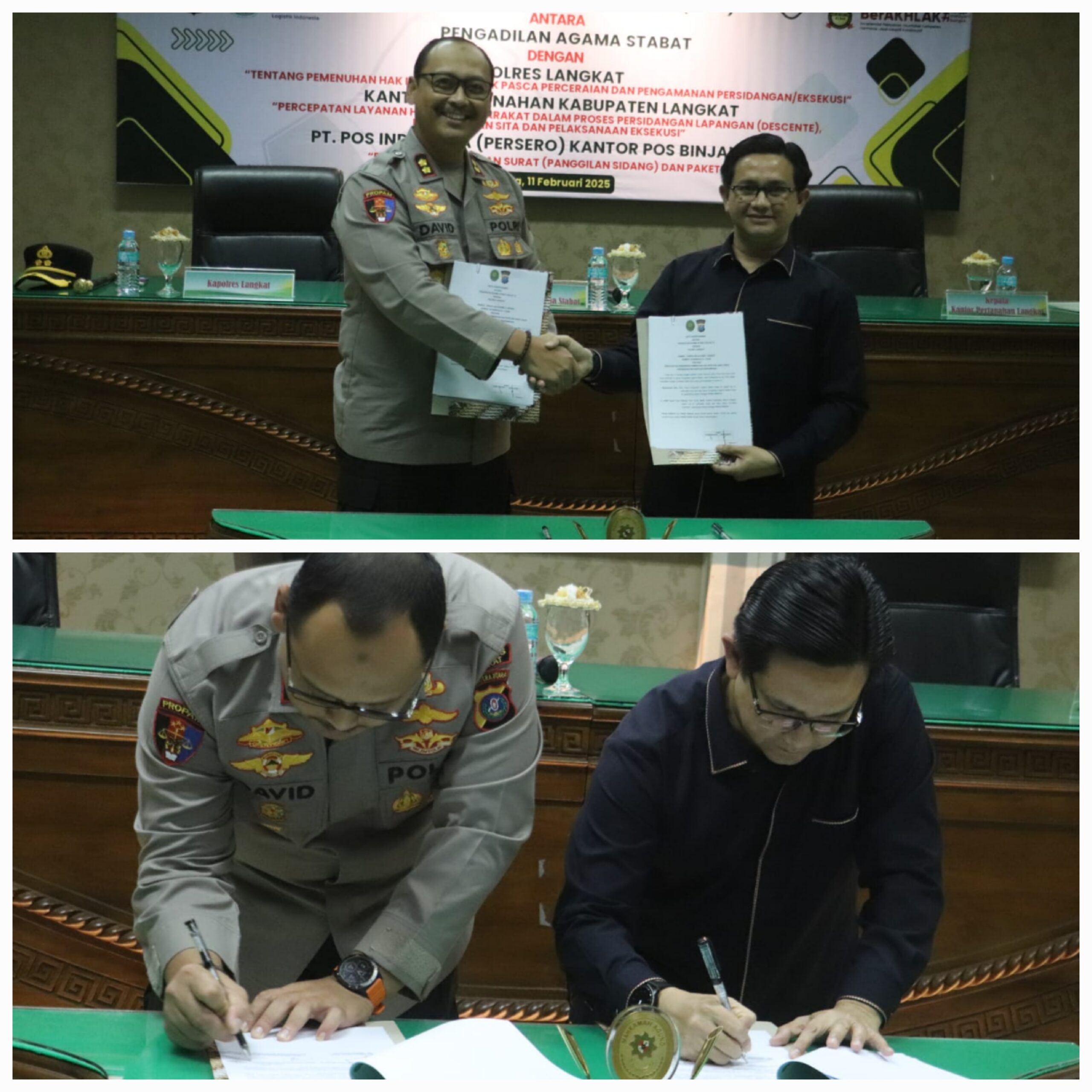 Kapolres Langkat, AKBP David Triyo Prasojo, SH, SIK, MSi, melaksanakan penandatanganan MoU dengan Pengadilan Agama Stabat, di Aula Pengadilan Agama Stabat, Selasa (11/2/25). Waspada/Ist