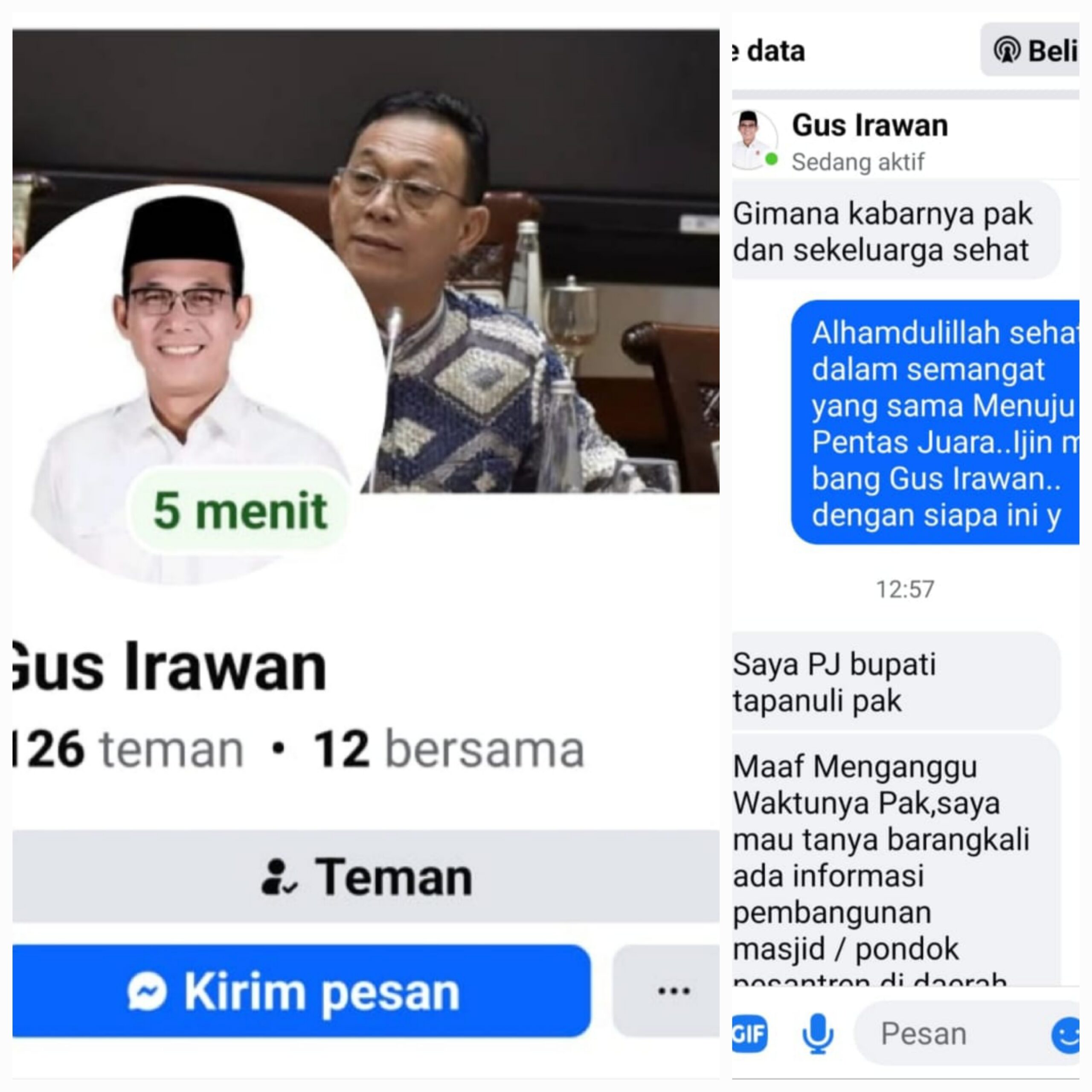 Foto tangkap layar pesan kiriman akun palsu pencatut nama dan gambar Gus Irawan. (Waspada/Ist)