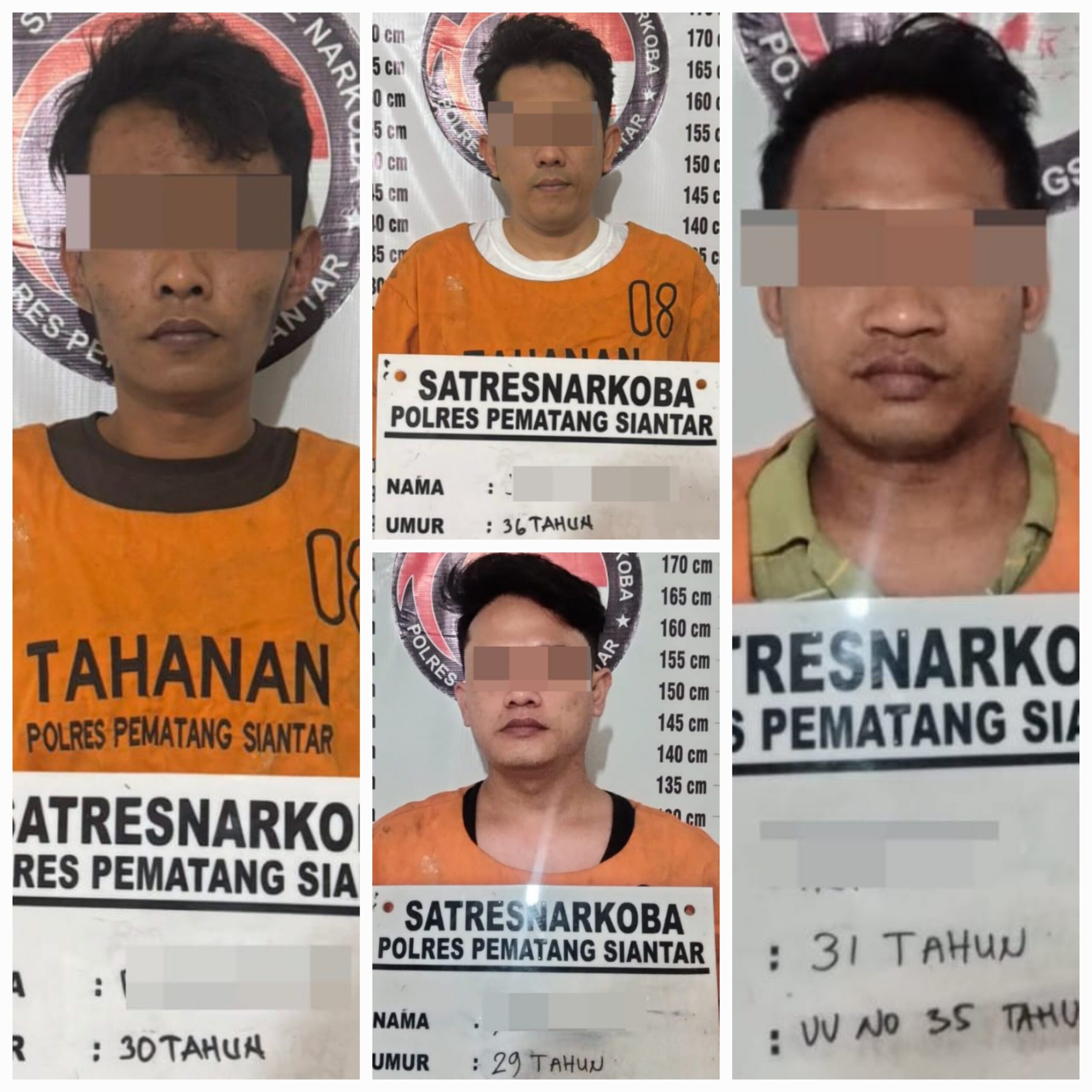 Polres Pematangsiantar melalui Sat Resnarkoba meringkus terduga pelaku peredaran narkotika jenis sabu-sabu terdiri I, 31, alias I di depan salah satu rumah di Jl. Sumber Jaya II, Gg. Sukur, Kel. Sumber Jaya, Kec. Sianțar Martoba, Selasa (12/2) pukul 15:30, YS, 29, di Hotel Tiara, Jl. Sisingamangaraja, Kel. Bane, Kec. Sianțar Utara pada hari yang sama, RM, 30, di pinggir Jl. Singosari, Kel. Banjar, Kec. Sianțar Barat pada hari yang sama pukul 20:15 serta JS, 36, di Jl. Musa Sinaga, Desa Rambung Merah, Kec. Sianțar, Simalungun pada hari yang sama dan menyita barang bukti sabu dan barang bukti lainnya dari empat pelaku.(Waspada-Ist).