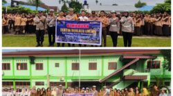 Kasat Lantas Polres Simalungun dan personel lainnya saat melakukan pendekatan preventif dan sosialisasi tentang keselamatan berlalu lintas bagi para pelajar.(Waspada/ist).