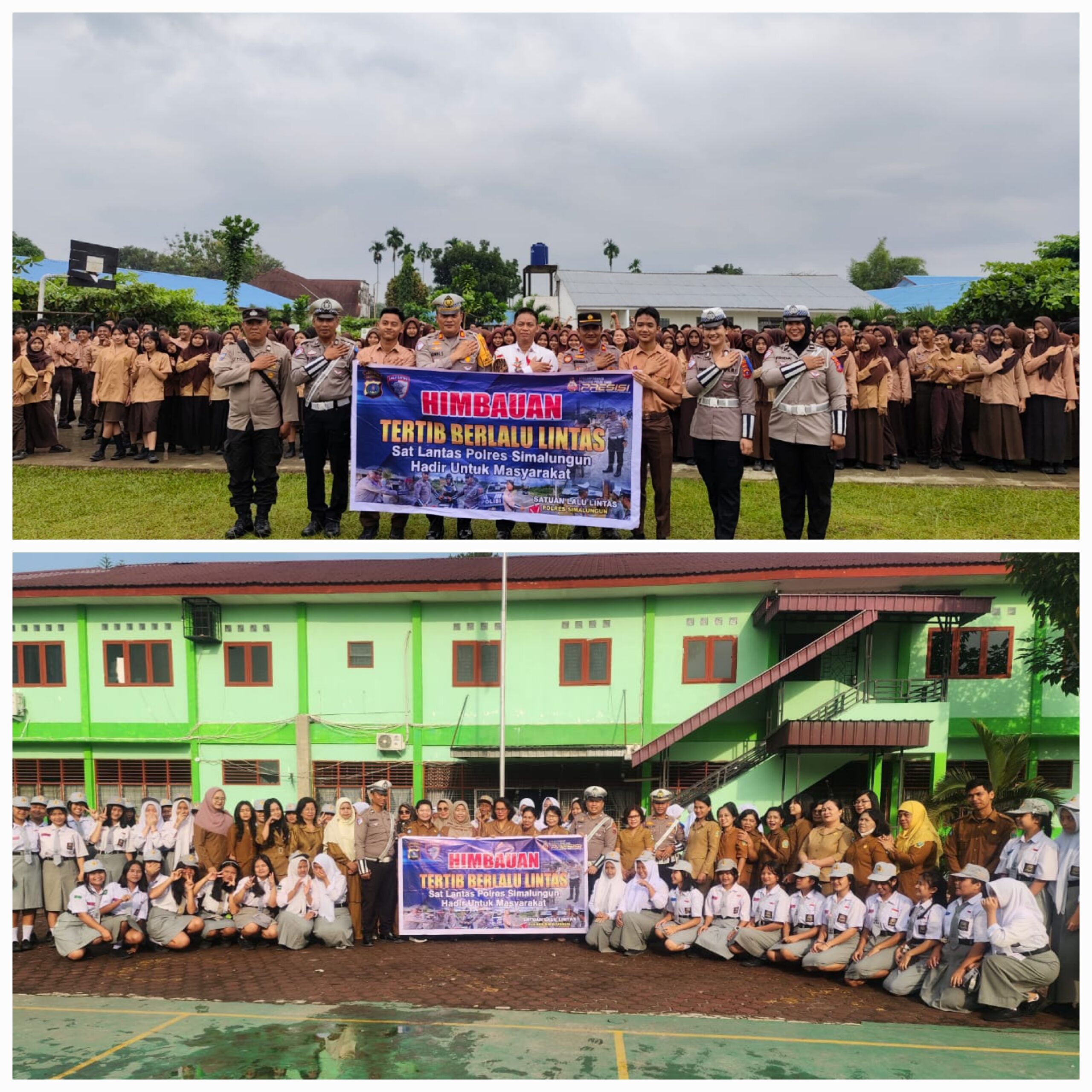 Kasat Lantas Polres Simalungun dan personel lainnya saat melakukan pendekatan preventif dan sosialisasi tentang keselamatan berlalu lintas bagi para pelajar.(Waspada/ist).