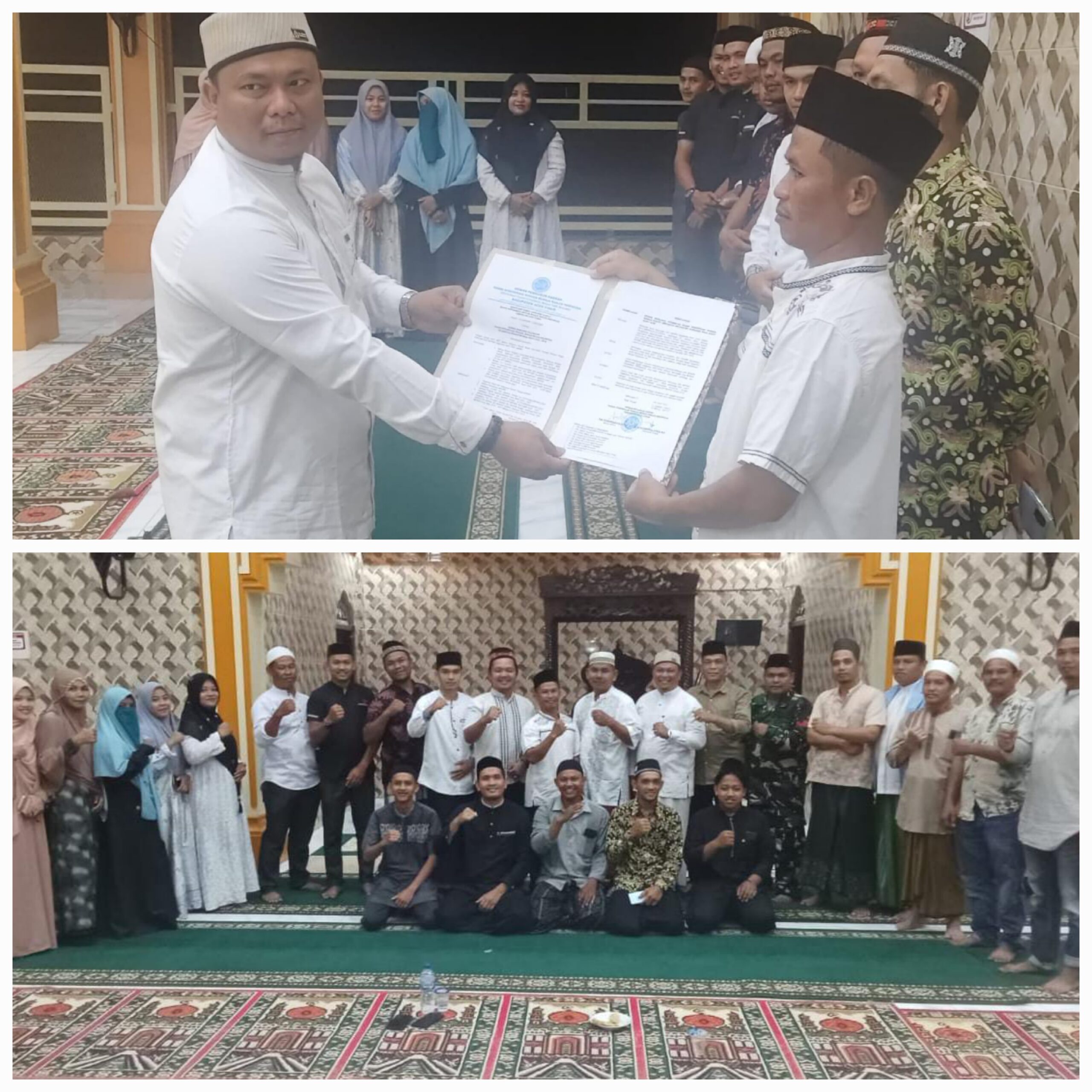 Sekretaris Umum BKPRMI Aceh Timur, H. Muhammad Ishak, menyerahkan SK dalam proses Pelantikan Pengurus DPK BKPRMI Peunaron Periode 2025-2028 di Masjid Baitul Minan Peunaron, Aceh Timur, Senin (24/2). Waspada/Ist