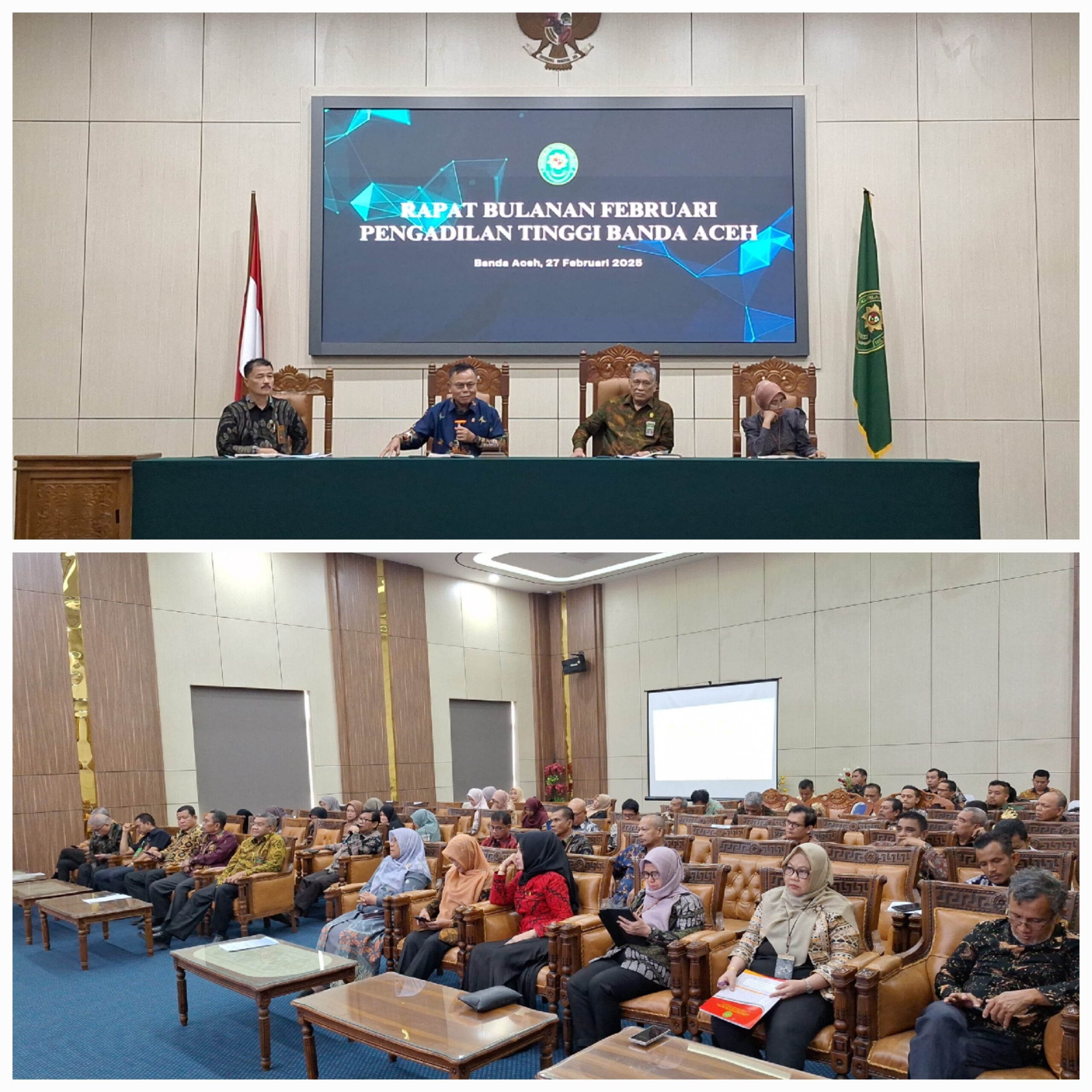 Ketua Pengadilan Tinggi Aceh Nursyam (Nomor 2 dari kiri) memimpin rapat bulanan di ruang sidang utama PT Banda Aceh, Kamis (27/02/25).(Waspada/T.Mansursyah)