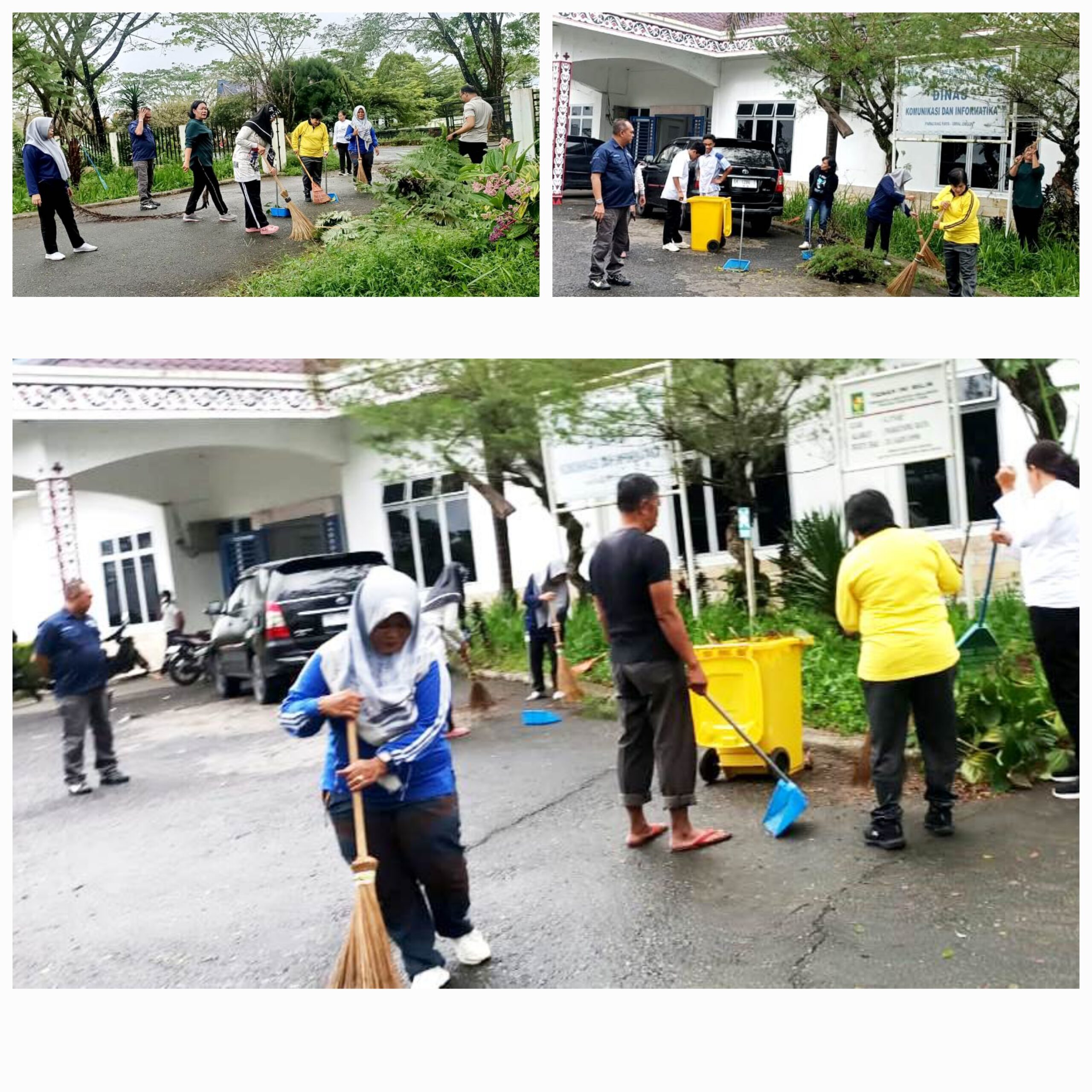 Para pegawai sedang melakukan bersih-bersih di lingkunfan kantor Kesbang Pol dan kantor Diskominfo Simalungun di Pamatangraya, Kamis (27/2).(Waspada/ist).