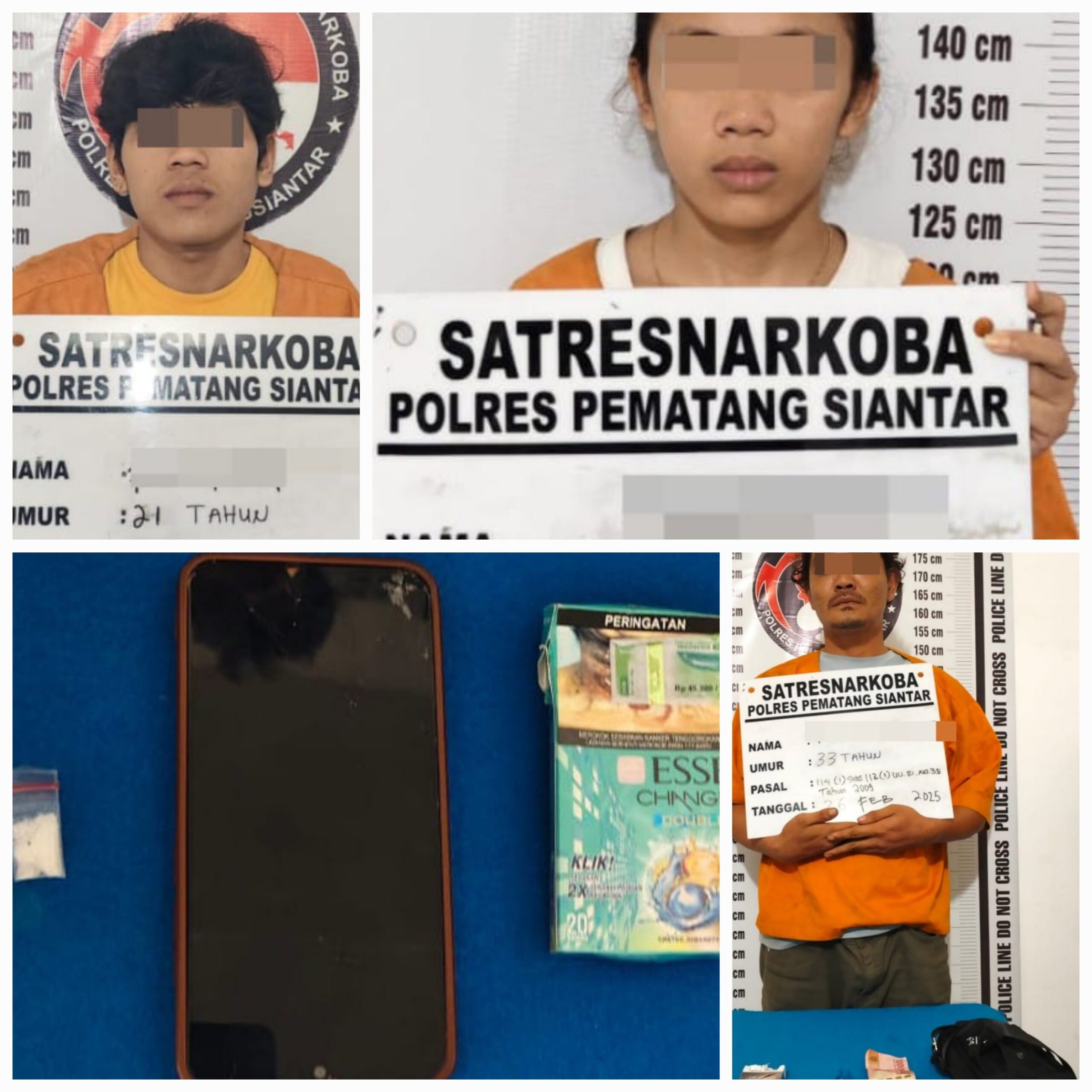 Polres Pematangsiantar melalui Sat Resnarkoba meringkus terduga pelaku membawa narkotika jenis sabu-sabu, sepasang kekasih, FB, 21, dan SOS, 20, di Jl. Handayani, Kel. Bukit Sofa, Kec. Sianțar Sitalasari, Selasa (25/2) pukul 17:30 dan menyita barang bukti sabu dan lainnya dari mereka serta meringkus RS, 33, di Jl. Persatuan, Kel. Sukadame, Kec. Sianțar Utara, Rabu (26/2) pukul 18:00 dan menyita barang bukti sabu dan ganja serta lainnya dari RS.(Waspada-Ist).