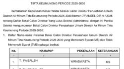 5 Bakal Calon Direktur Dan 1 Dewas Perumda Air Minum Tirta Keumuneng Dinyatakan Memenuhi Syarat