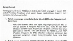 Pertamina: Tidak Ada Pengurangan Kuota BBM Untuk Abdya