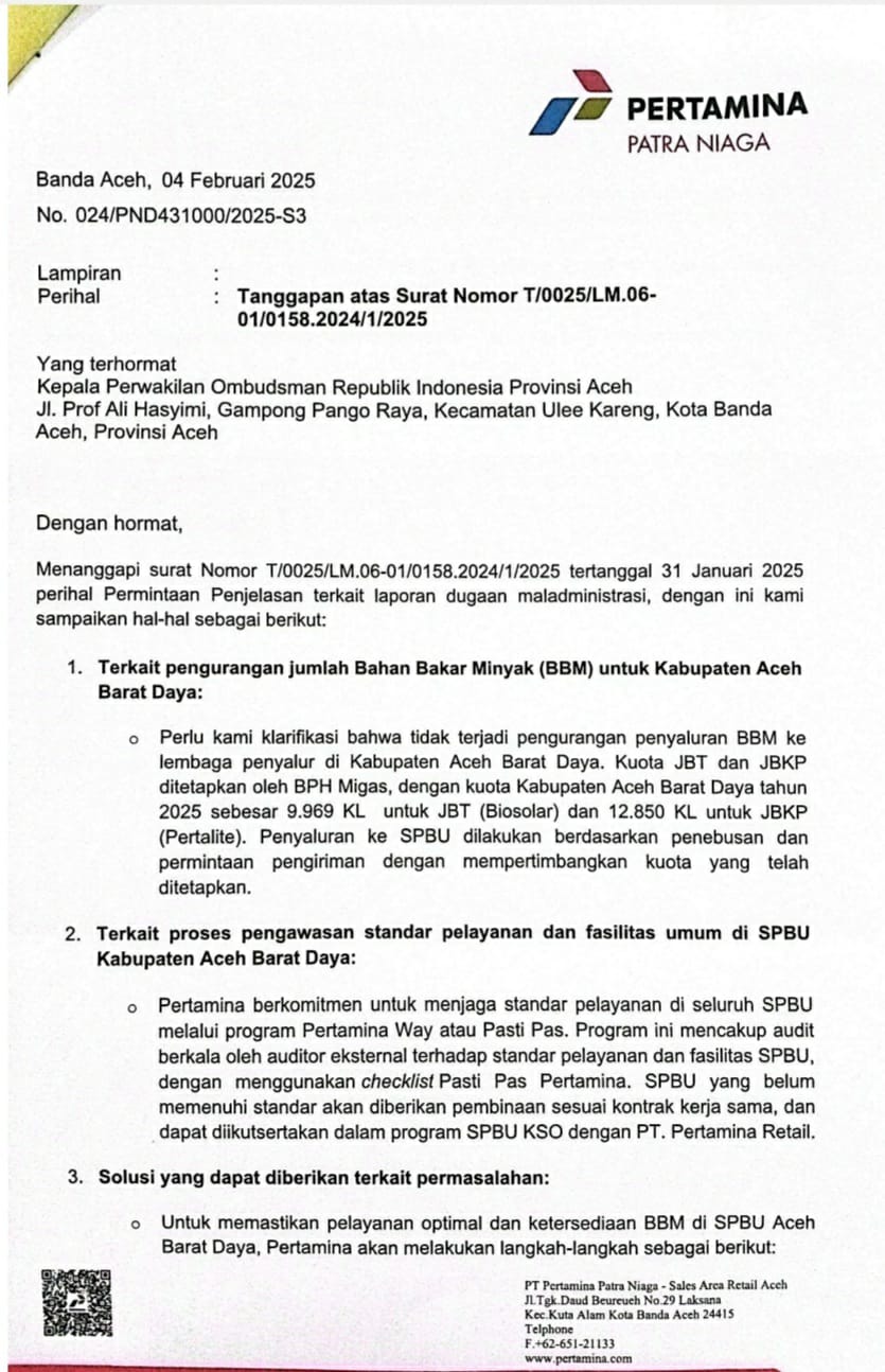 Pertamina: Tidak Ada Pengurangan Kuota BBM Untuk Abdya