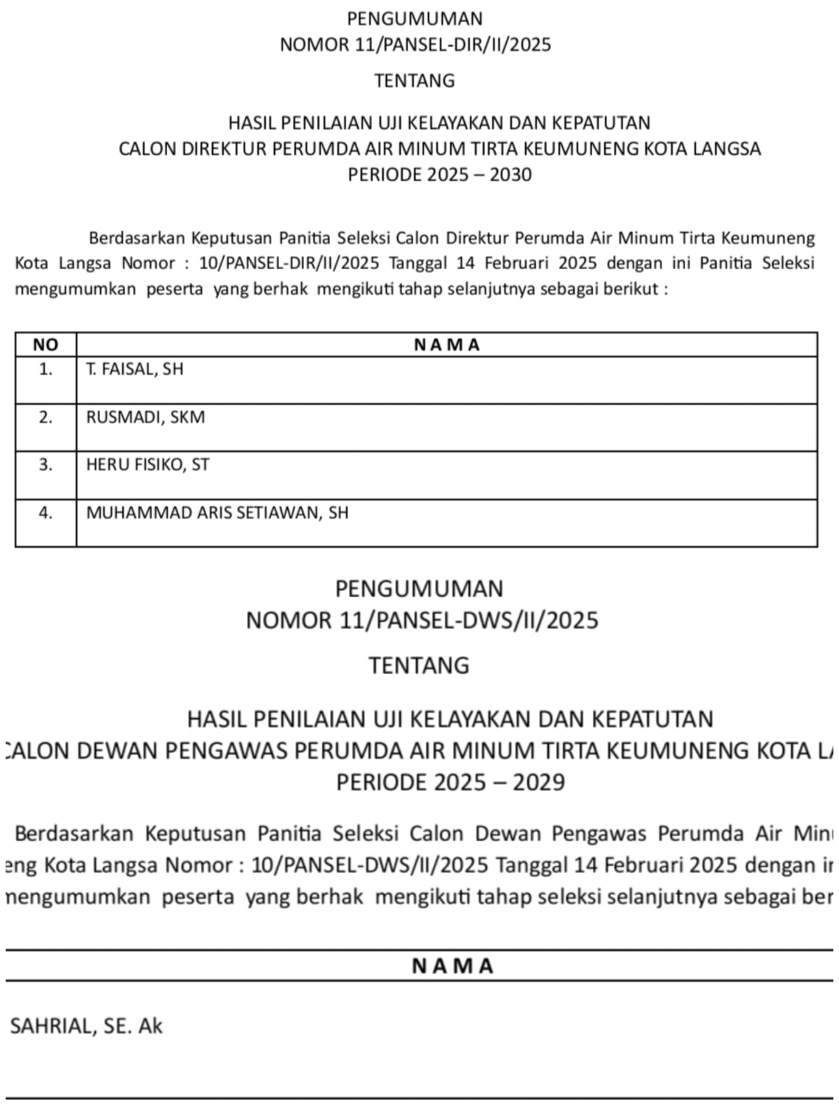 4 Calon Direktur Dan 1 Dewas Perumda Air Minum Tirta Keumuneng Lolos Uji Kelayakan Dan Kepatutan