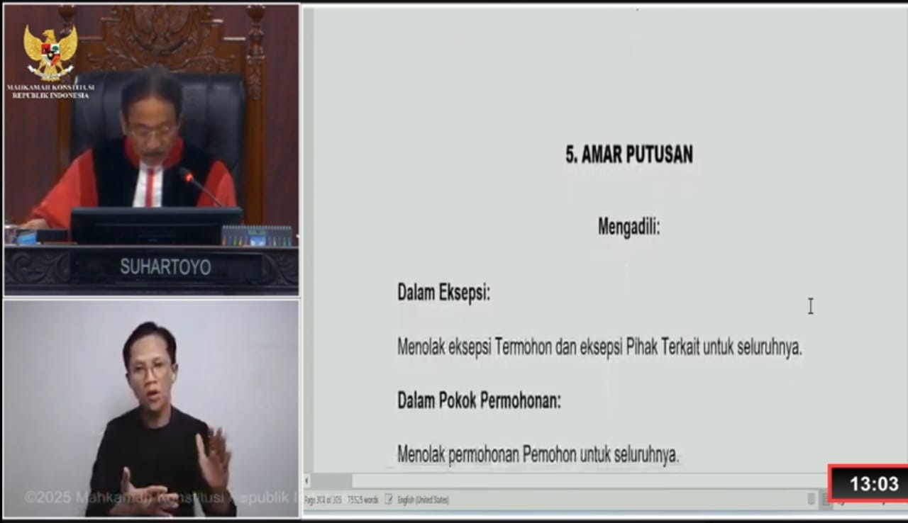 Ketua Mahkamah Konstitusi Suhartoyo saat membaca amar putusan PHPU Pilkada Madina. Waspada/Ist