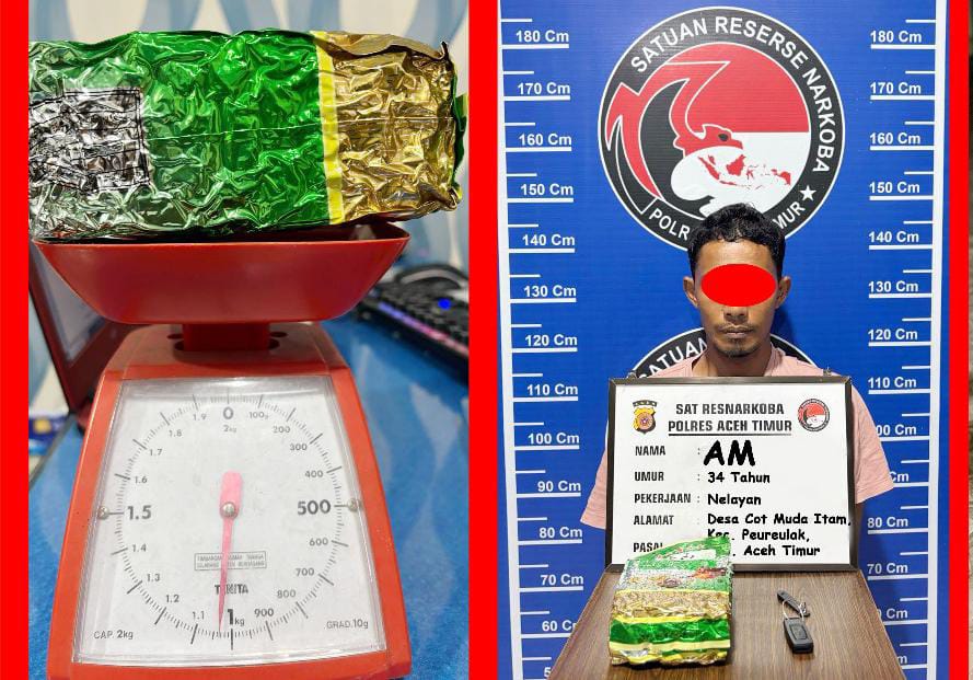 Tersangka AM, bersama 1 kilogram sabu diamankan di Satresnarkoba Polres Aceh Timur di Peudawa, Senin (24/2). Waspada/Ist.