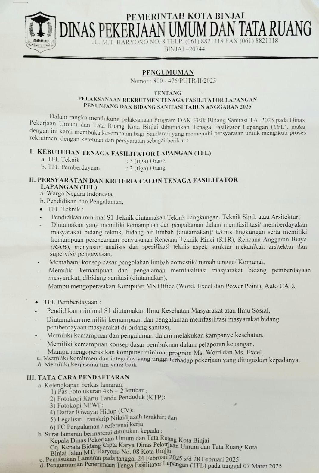 Pengumuman resmi yang dikeluarkan PUTR Kota Binjai terkait rekrutmen TFL bidang sanitasi. (Waspada/Ria Hamdani)