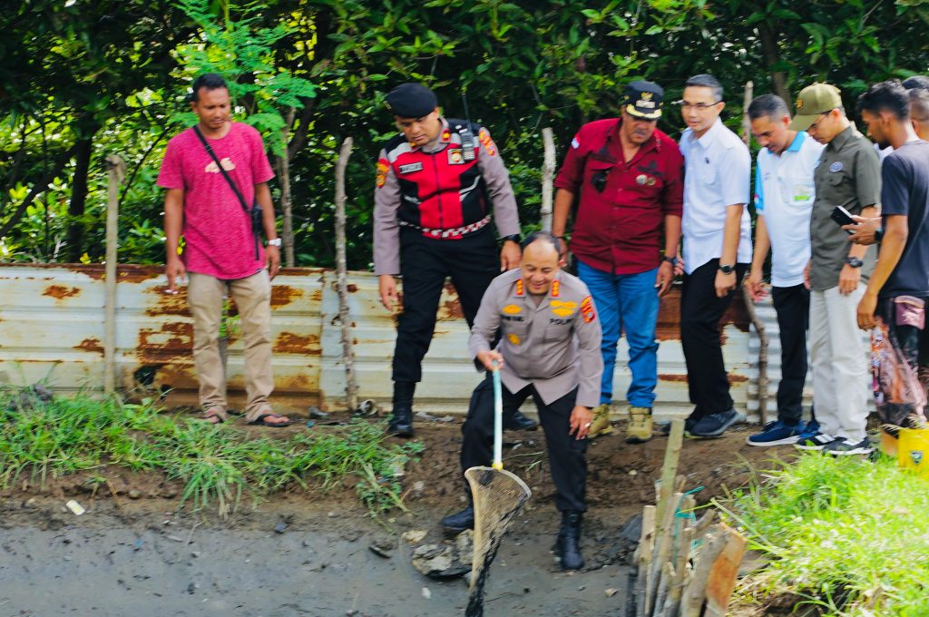 Kapolresta Banda Aceh, Kombes Pol Fahmi Irwan Ramli saat memanen ikan du kolam budidaya ikan binaan Polsek Kita Alam di kawasan Lampulo. (Waspada/Zafrullah)