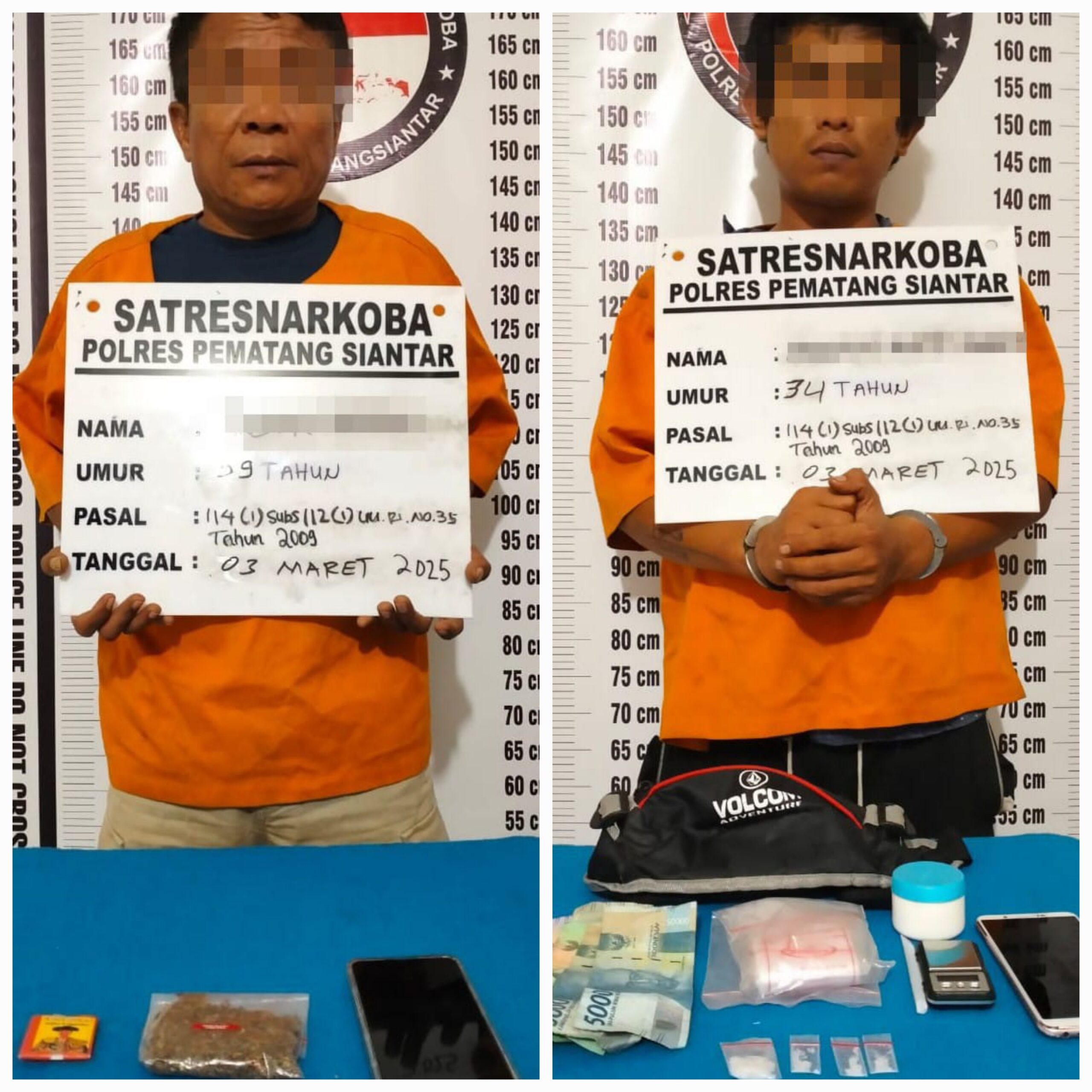 Polres Pematangsiantar melalui Sat Resnarkoba berhasil meringkus terduga pelaku, pria IS, 58, di dalam satu rumah di Jl. Dalil Tani, Kel. Tomuan, Kec. Siantar Timur, Senin (3/3) pukul 17:30, karena menyimpan dan memiliki narkotika jenis ganja serta pria MSPS, 34, di pinggir Jl. Parapat, Kel. Simarimbun, Kec. Siantar Marimbun pada hari yang sama pukul 16:30, karena mengedarkan narkotika jenis sabu-sabu serta menyita barang bukti dari keduanya.(Waspada-Ist).