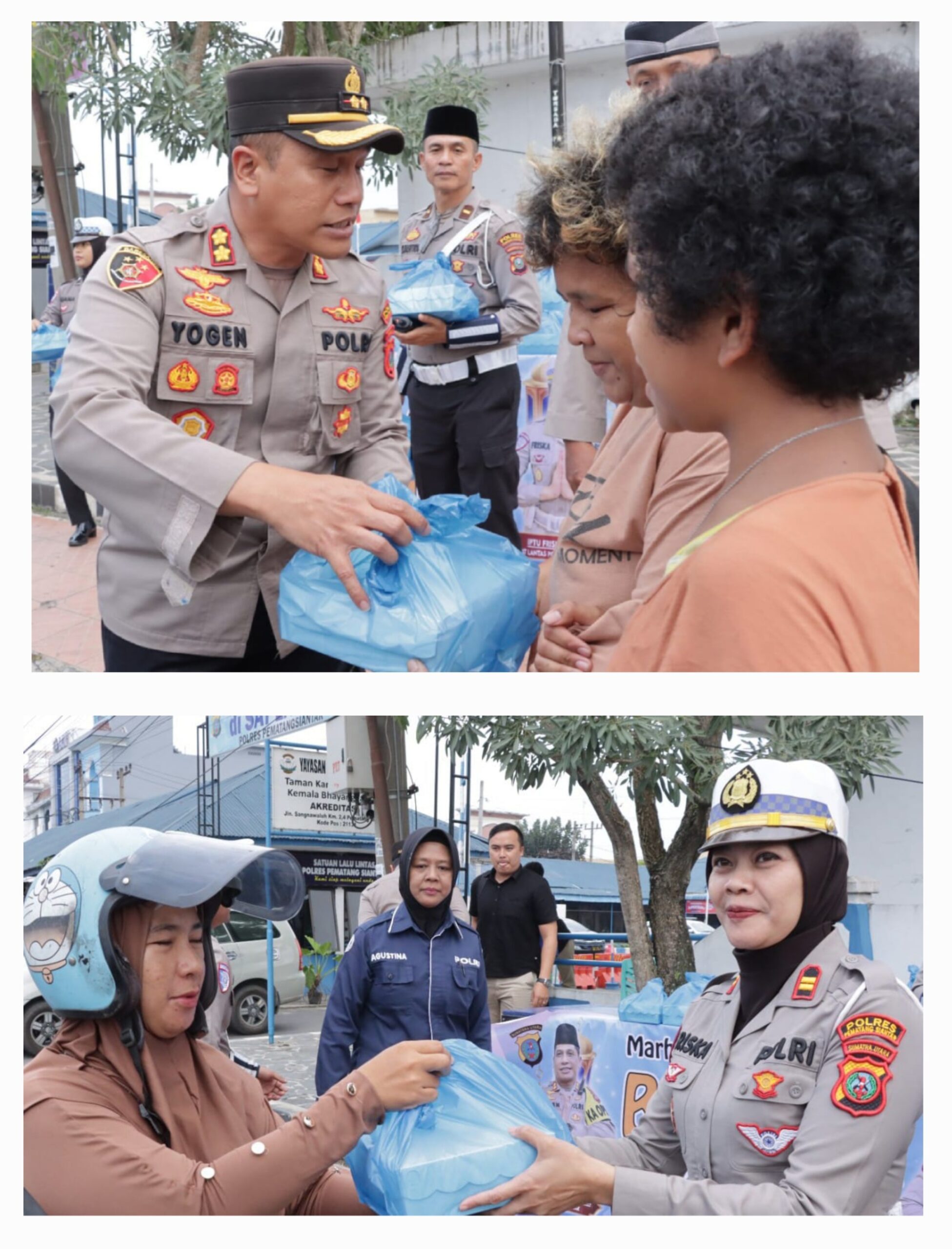 Kapolres Pematangsiantar AKBP Yogen Heroes Baruno bersama Kasat Lantas Iptu Friska Susana dan lainnya melakukan momen penuh kebaikan dengan membagi takjil kepada masyarakat pengguna jalan yang tertib berlalulintas di Jl. Sangnaualuh, depan markas Sat Lantas, Kel. Siopatsuhu, Kec. Siantar Timur, Rabu (5/3) sore.(Waspada-Ist).