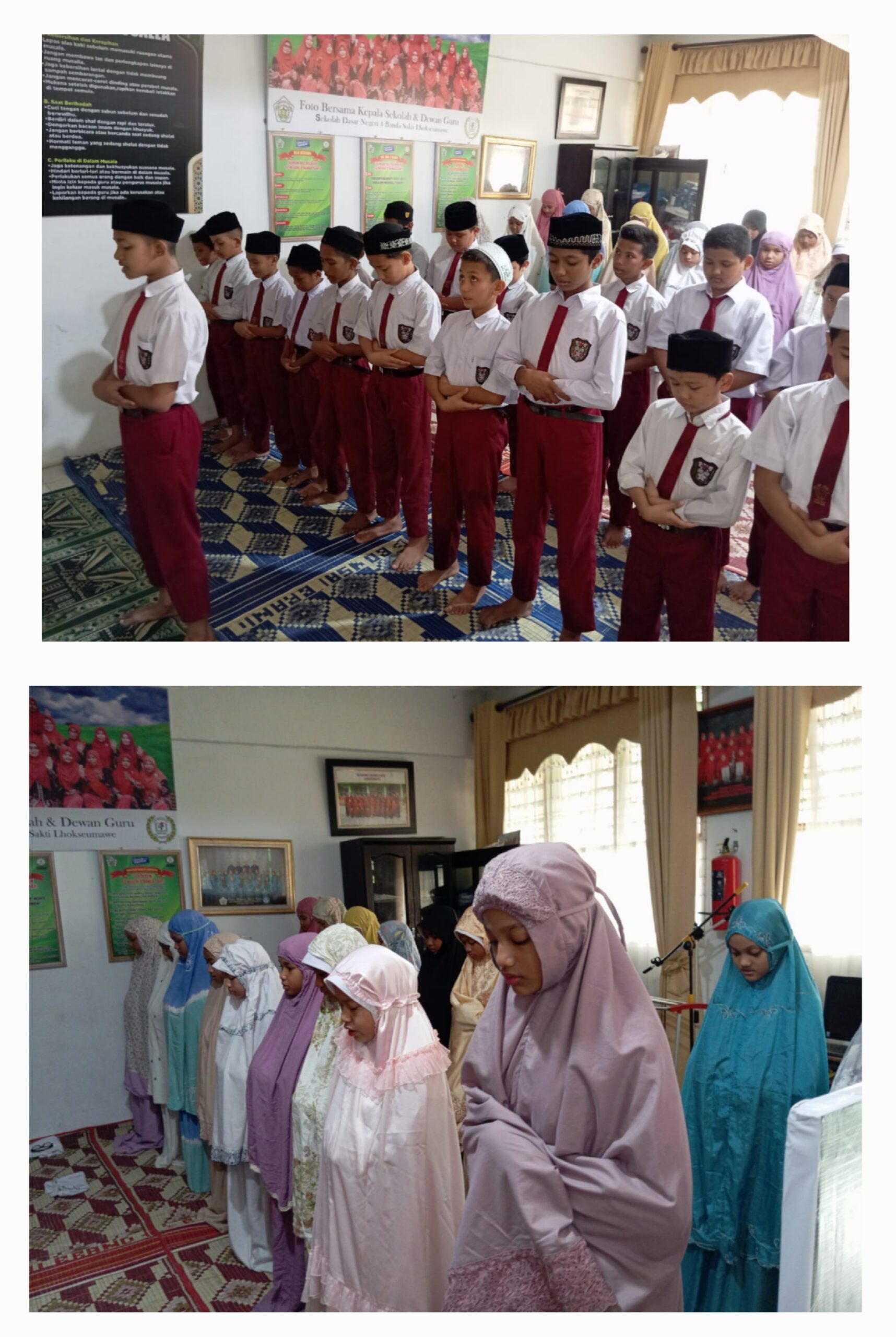 Para Murid SD Negeri 4 Lhokseumawe sedang mengerjakan Shalat Dhuha, Kamis (6/3). Selama Pendidikan Ramadhan, anak-anak dibiasakan mengerjakan Shalat Dhuha berjamaah. Waspada/Zainal Abidin