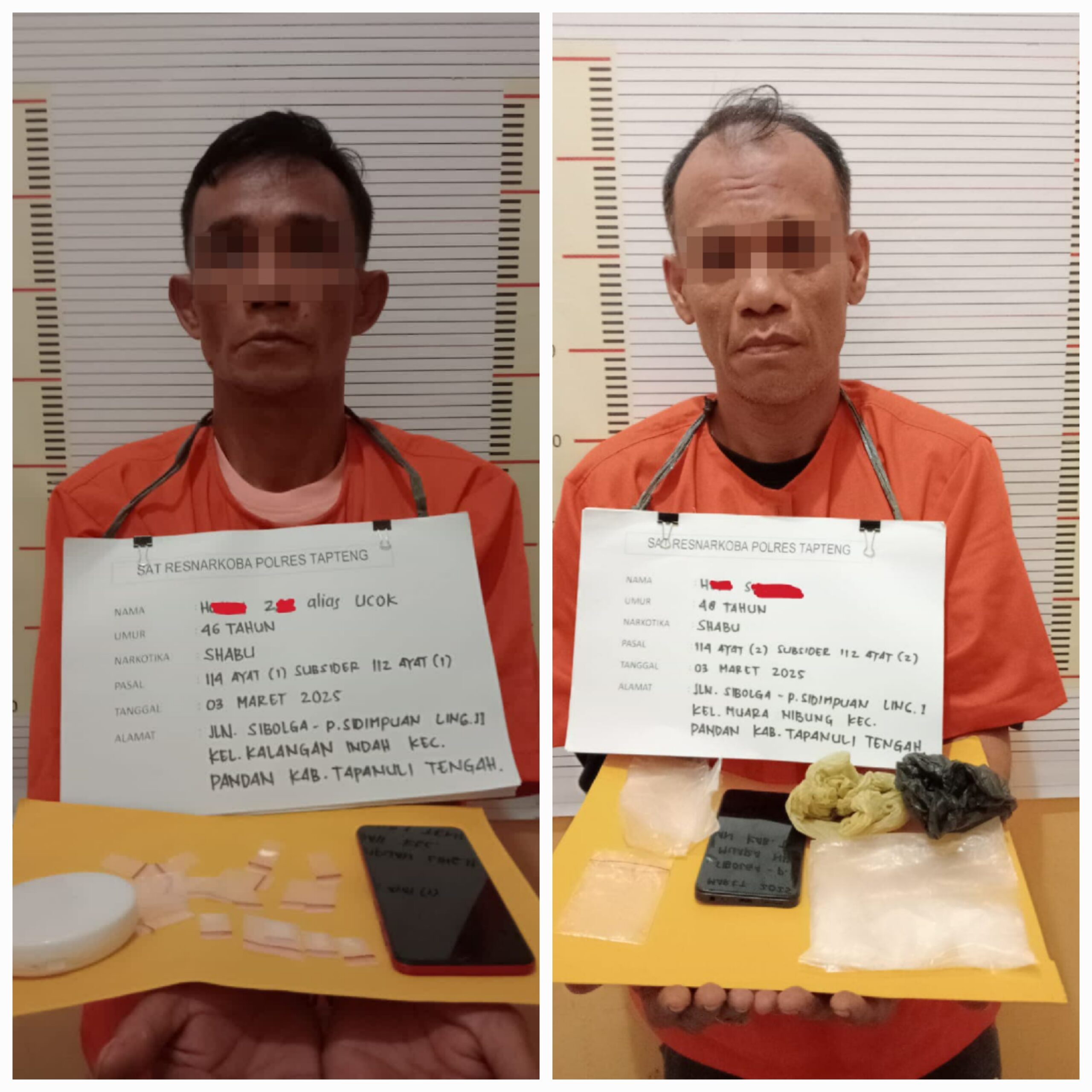 Dua tersangka pengedar Sabu inisial HZ Alias Ucok, 46, dan HS, 48, warga Pandan, Kabupaten Tapteng ditahan pihak Polres Tapteng. Waspada/ist