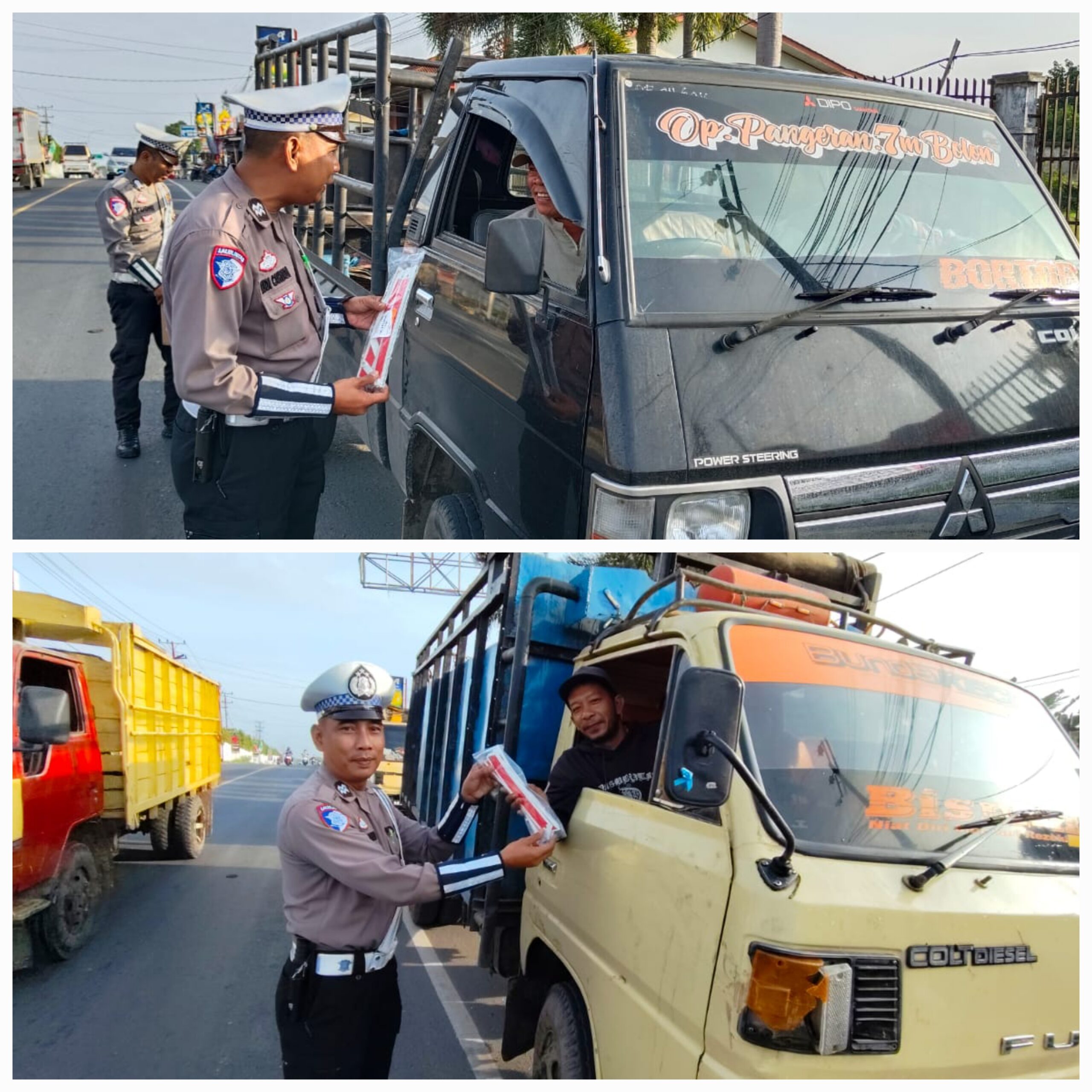 Personel Sat Lantas Polres Simalungun saat membagikan segitiga pengaman kepada salah seorang pengemudi sebagai implementasi Polri Peduli Masyarakat di Jalan Medan, Jumat (7/3).(Waspada/ist).