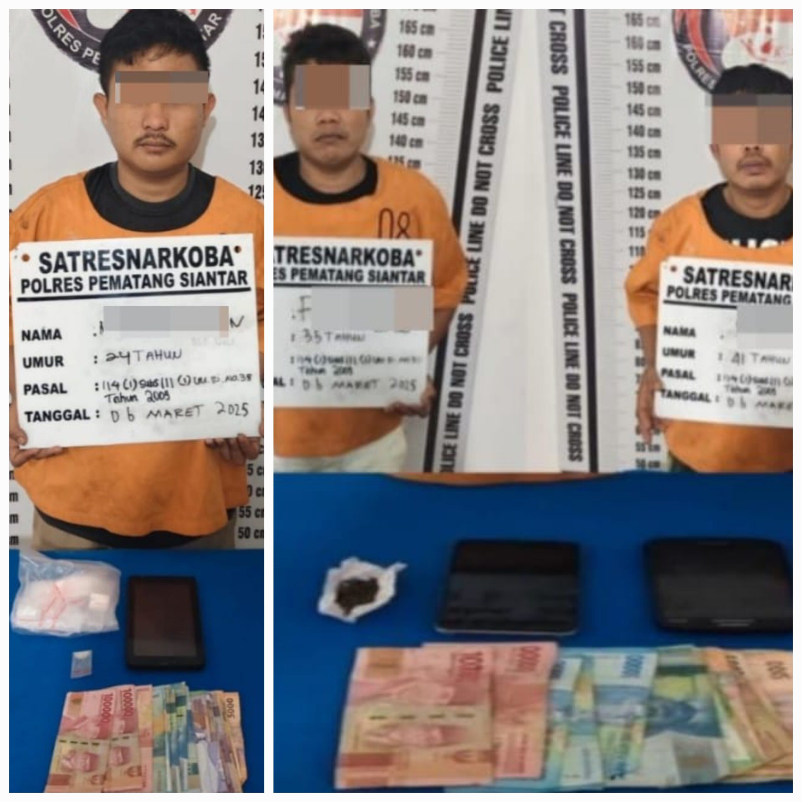 Polres Pematangsiantar melalui Sat Resnarkoba meringkus terduga pelaku seorang pria pemilik narkotika jenis sabu-sabu, MBN, 24, di Jl. Madura Bawah, Gg. Jespam, Kel. Bantan, Kec. Sianțar Barat, Kamis (6/3) pukul 00:30 dinihari serta FAN, 35, dan PR, 45, di Jl. Nagur, Kel. Martoba, Kec. Siantar Barat, Rabu (5/3) pukul 23:00 serta menyita barang bukti sabu dan lainnya dari MBN serta ganja serta lainnya dari FAN dan PR.(Waspada-Ist).