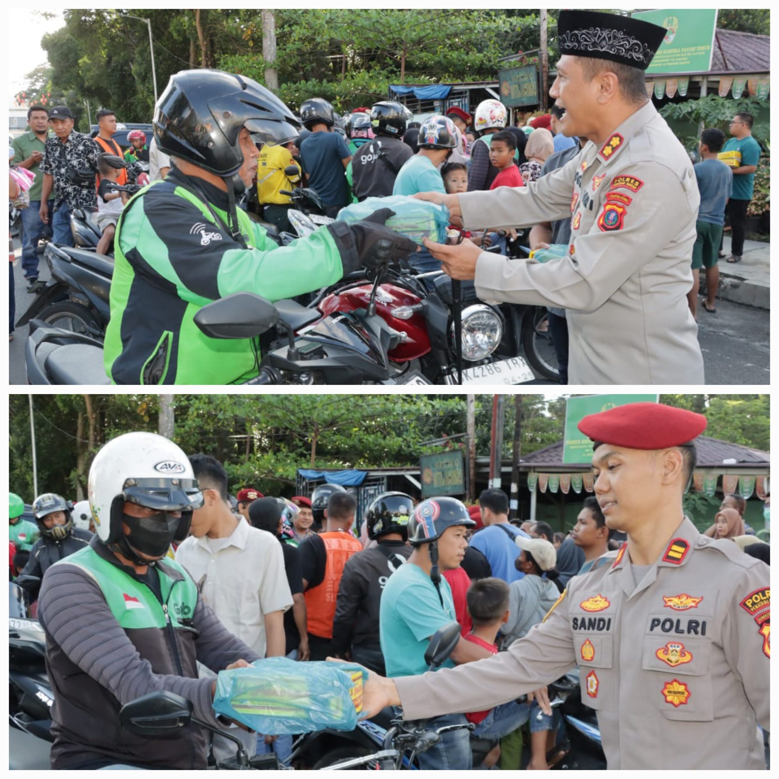 Kapolres Pematangsiantar AKBP Yogen Heroes Baruno menebar kebaikan bersama Kasat Reskrim Iptu Sandi Riz Akbar di bulan Ramadhan 1446 H dengan berbagi takjil kepada masyarakat menjelang berbuka puasa di depan lapangan parkir pariwisata, Jl. Merdeka, Sabtu (8/3) pukul 17:00.(Waspada-Ist).