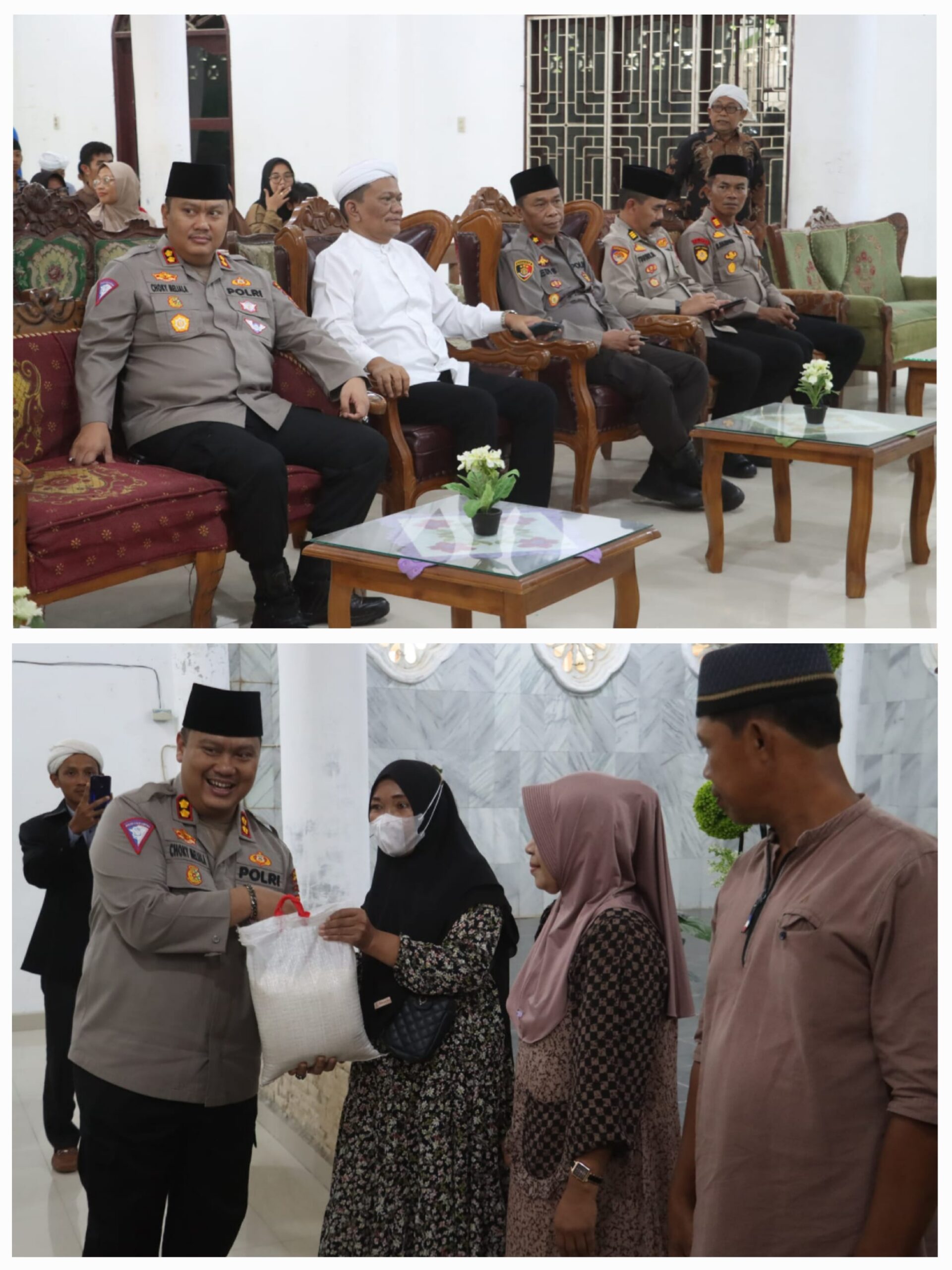 Kapolres Simalungun saat bertemu Mursyid Pondok Persulukan Yayasan Dr. Syekh Salman Daim Thariqat Naqsyabandiyah Al-Kholidiyah Jalaliyah, Nagori Bandar Tinggi dan penyerahan bingkisan kepada jamaah.(Waspada/ist).